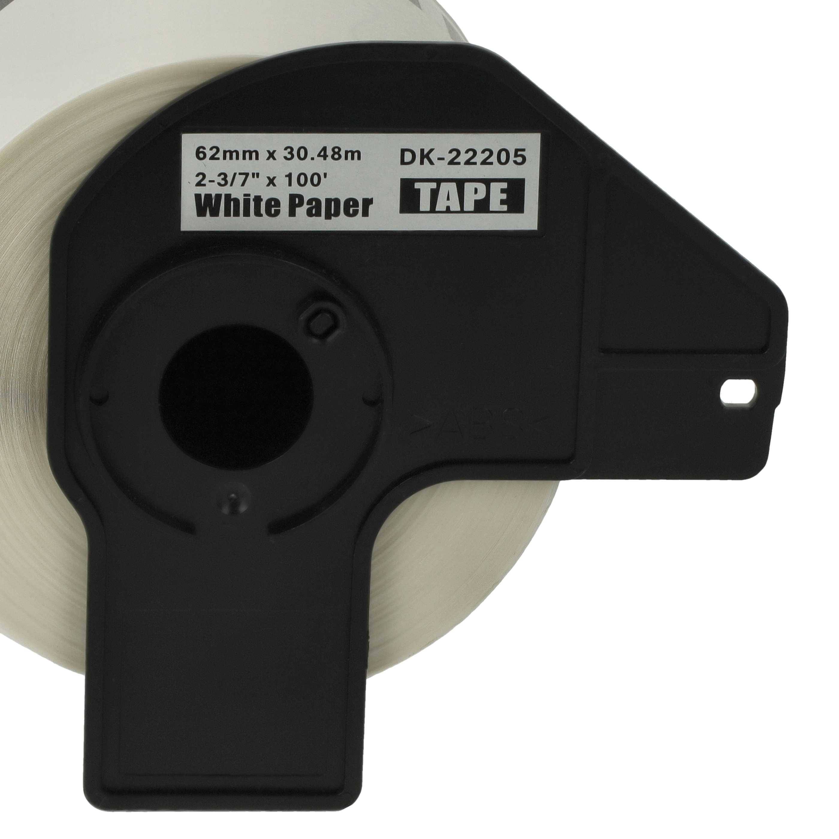Schwarzes Etikett-Tape-Kassette mit sichtbarer Rolle weißem Papierband, gekennzeichnet mit „62 mm x 30,48 m
