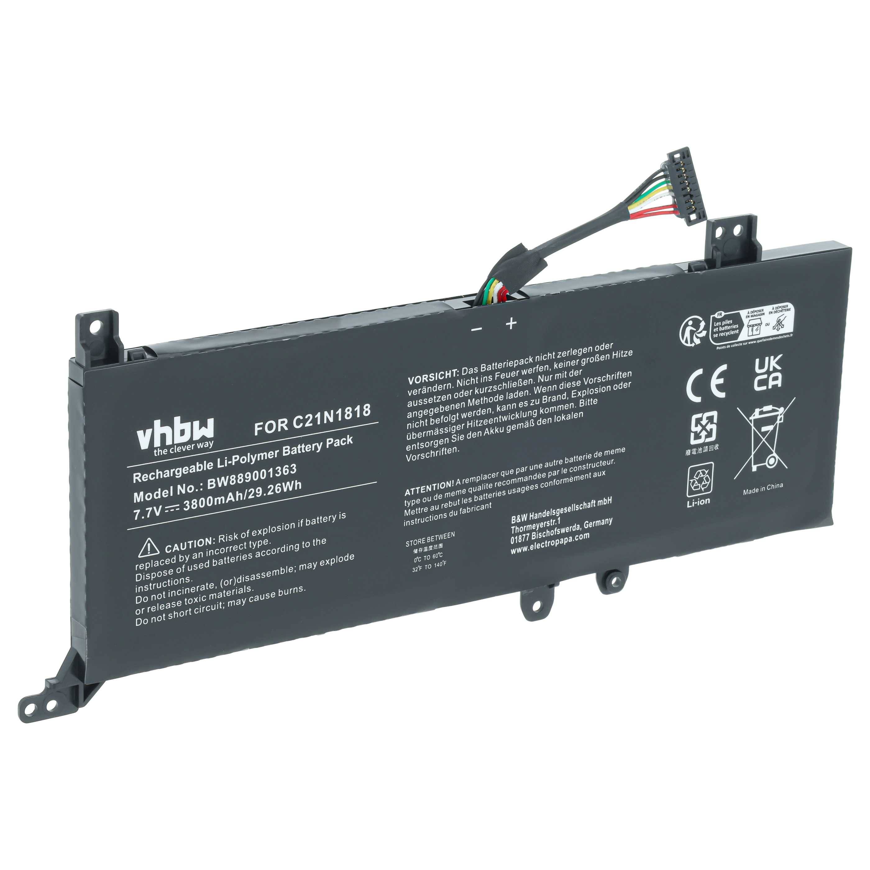 Schwarzer Ersatz-Li-Polymer-Akkupack mit Kabel und Stecker, Marke vhbw, für C21N1818, 7,7V, 3800mAh/29,26Wh.