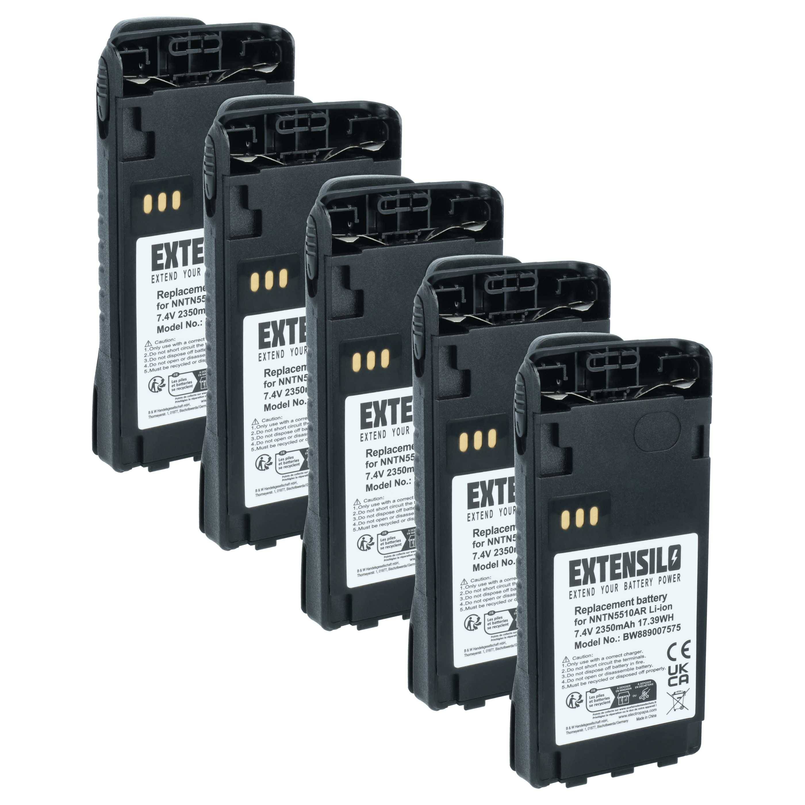 Fünf schwarze wiederaufladbare Batteriepacks mit der Beschriftung EXTEN, in einer diagonalen Reihe gestapelt auf weißem Hintergrund.