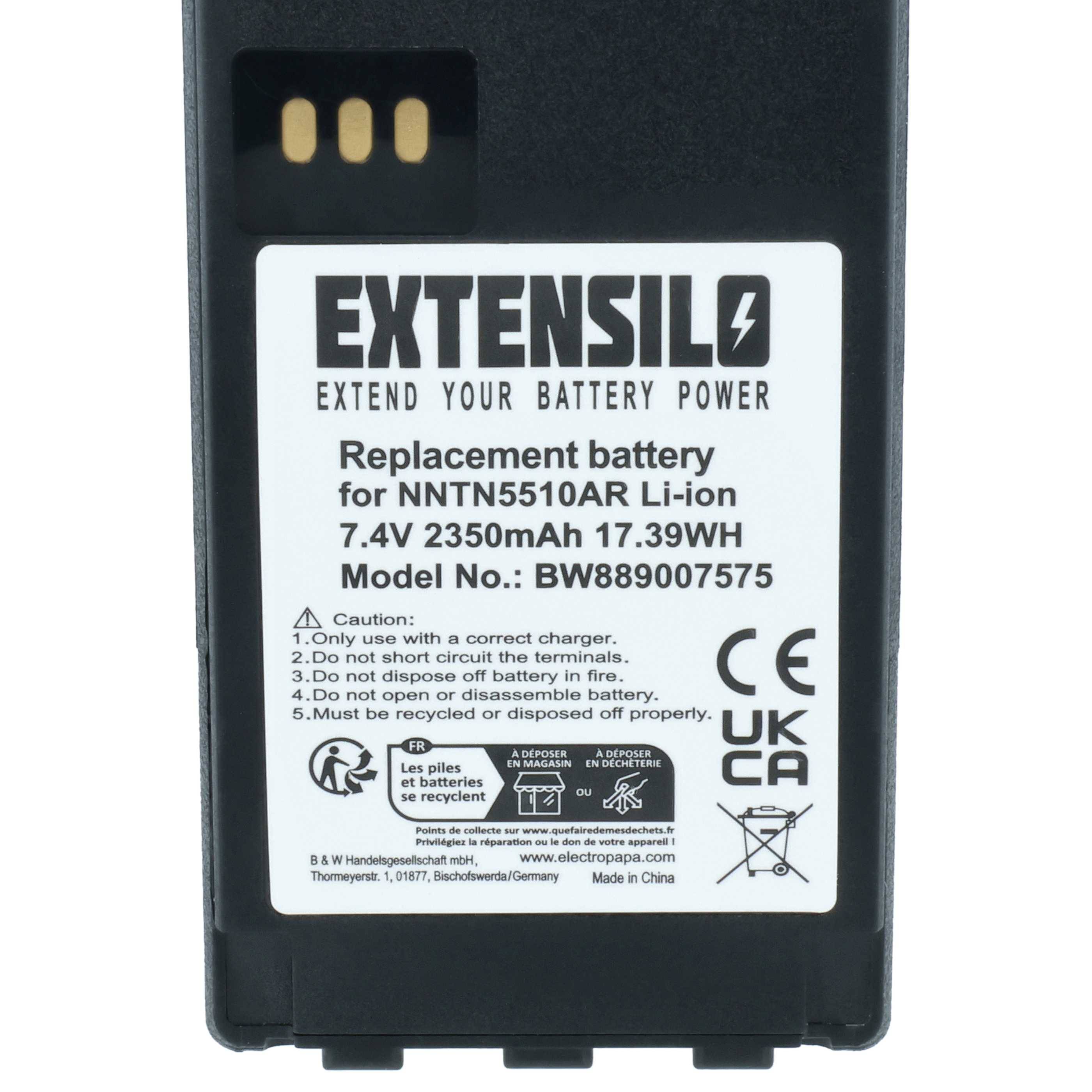 Ersatz-Extensil-Akku mit der Aufschrift „Ersatzakku für NNTN5510AR Li-Ion 7,4 V 2350 mAh 17,39 Wh" auf einem schwarzen Akkupack.