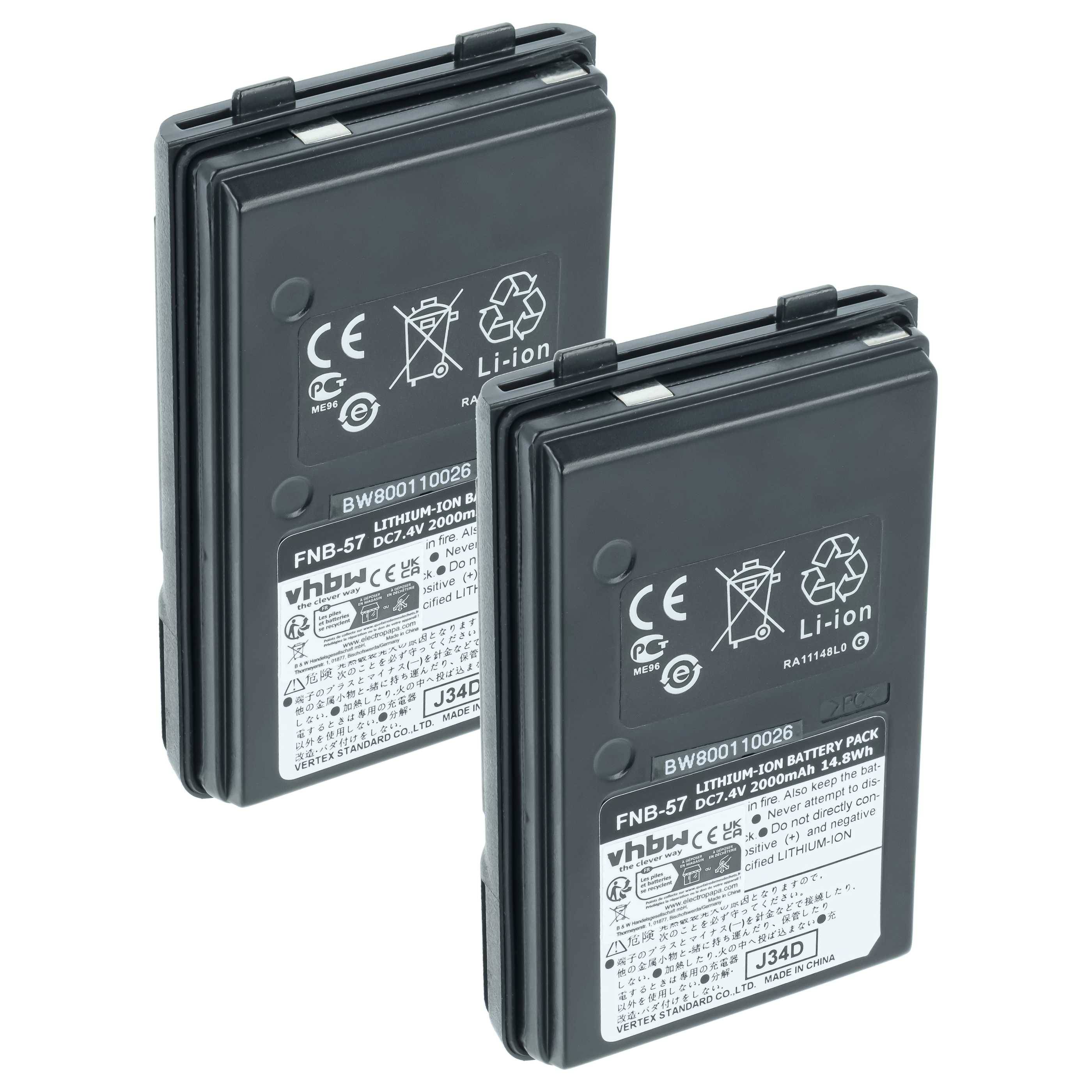Zwei schwarze wiederaufladbare Lithium-Ionen-Kamerabatterien mit beschrifteten Vorderseiten, vor weißem Hintergrund gezeigt.