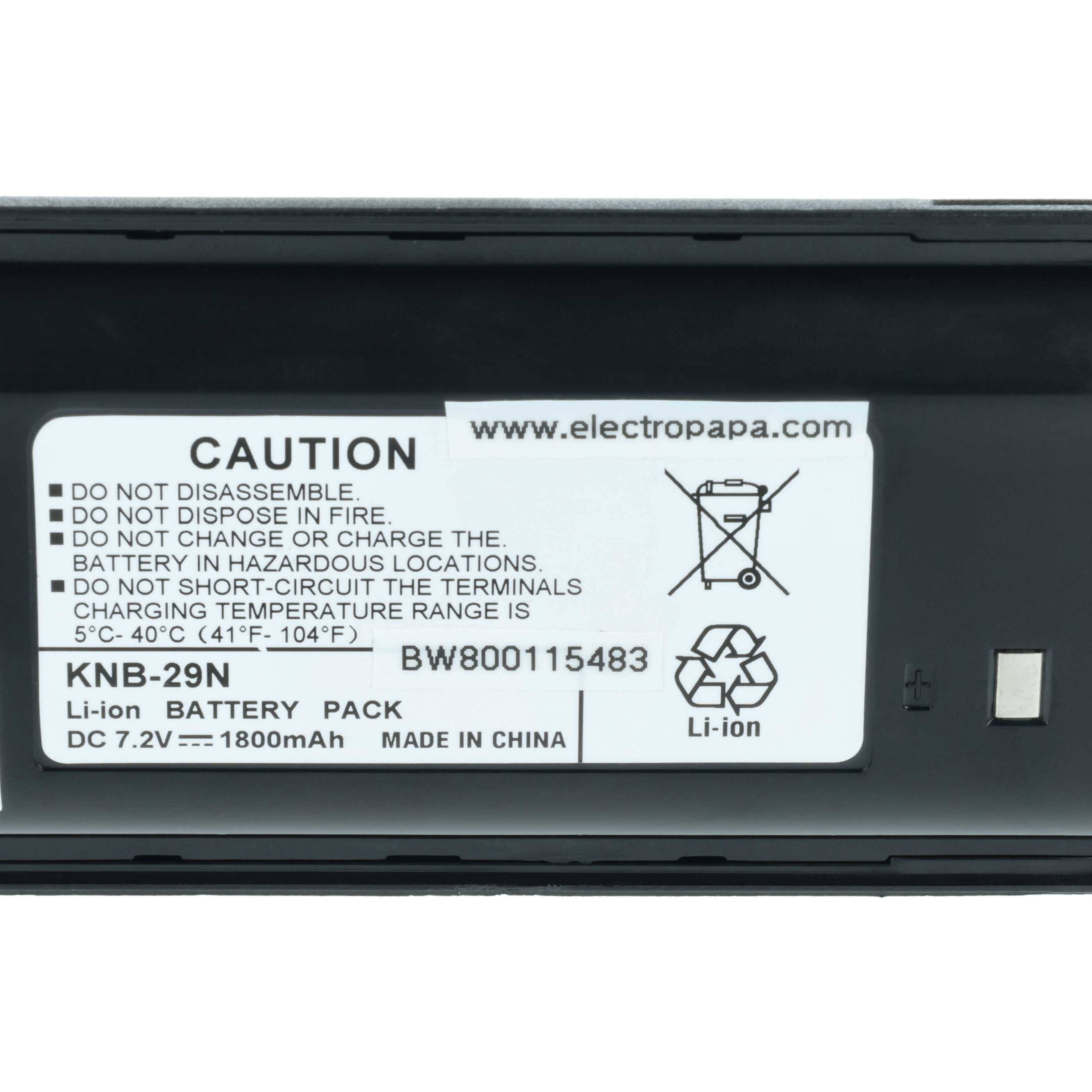Nahaufnahme eines KNB-29N Lithium-Ionen-Akkupacks mit Warnhinweisen, 7,2V 1800mAh Leistungsangabe, Recycling-Symbolen und der Website electropapa.com.