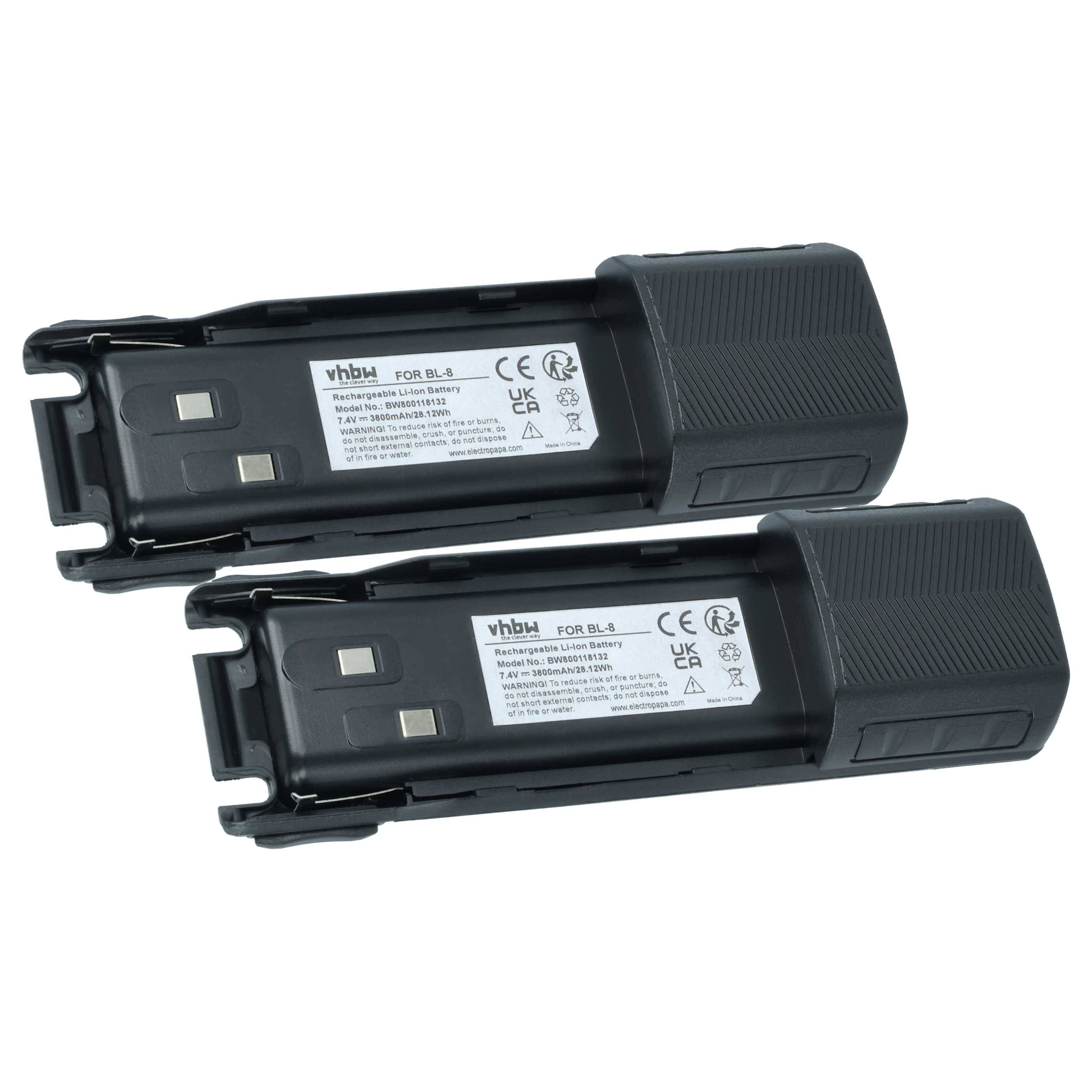 Zwei wiederaufladbare schwarze Batteriepacks, nebeneinander auf weißem Hintergrund gezeigt.