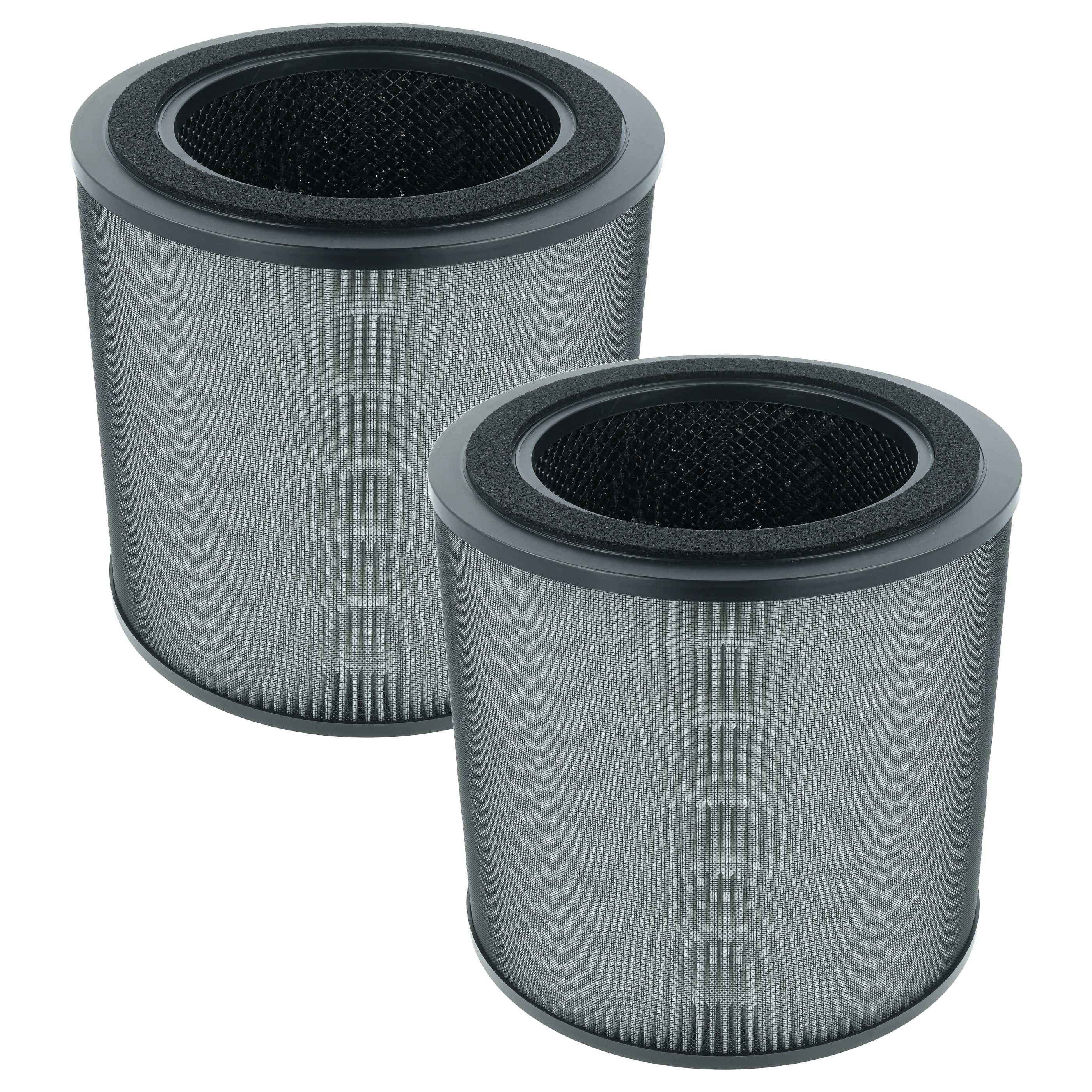 Zwei zylindrische Luftfilter mit schwarzen Rändern und feinem gefälteltem Mesh, nebeneinander auf weißem Hintergrund gezeigt.
