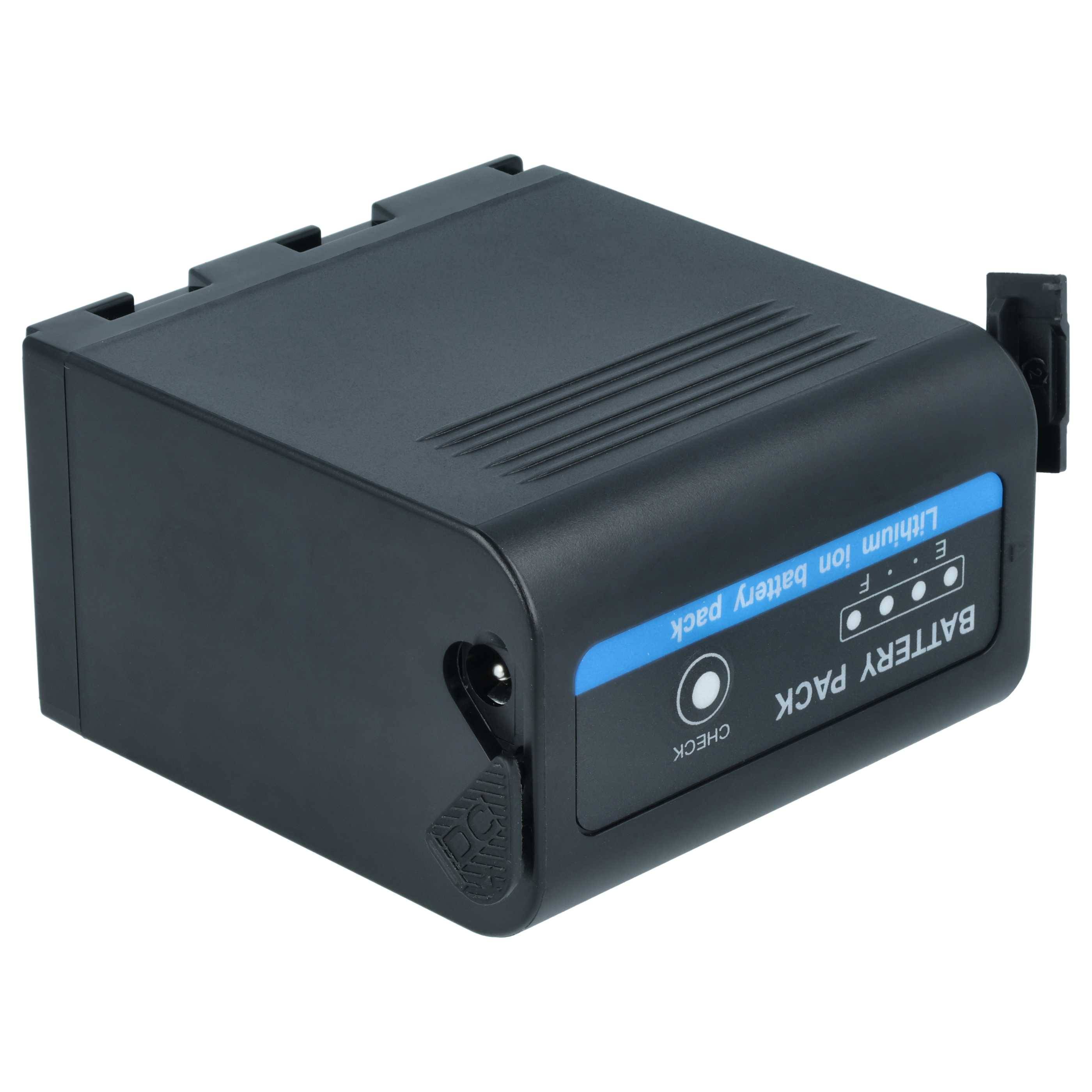Schwarzes wiederaufladbares Batteriepak mit Ladeanzeige und Etikett, gezeigt auf weißem Hintergrund.