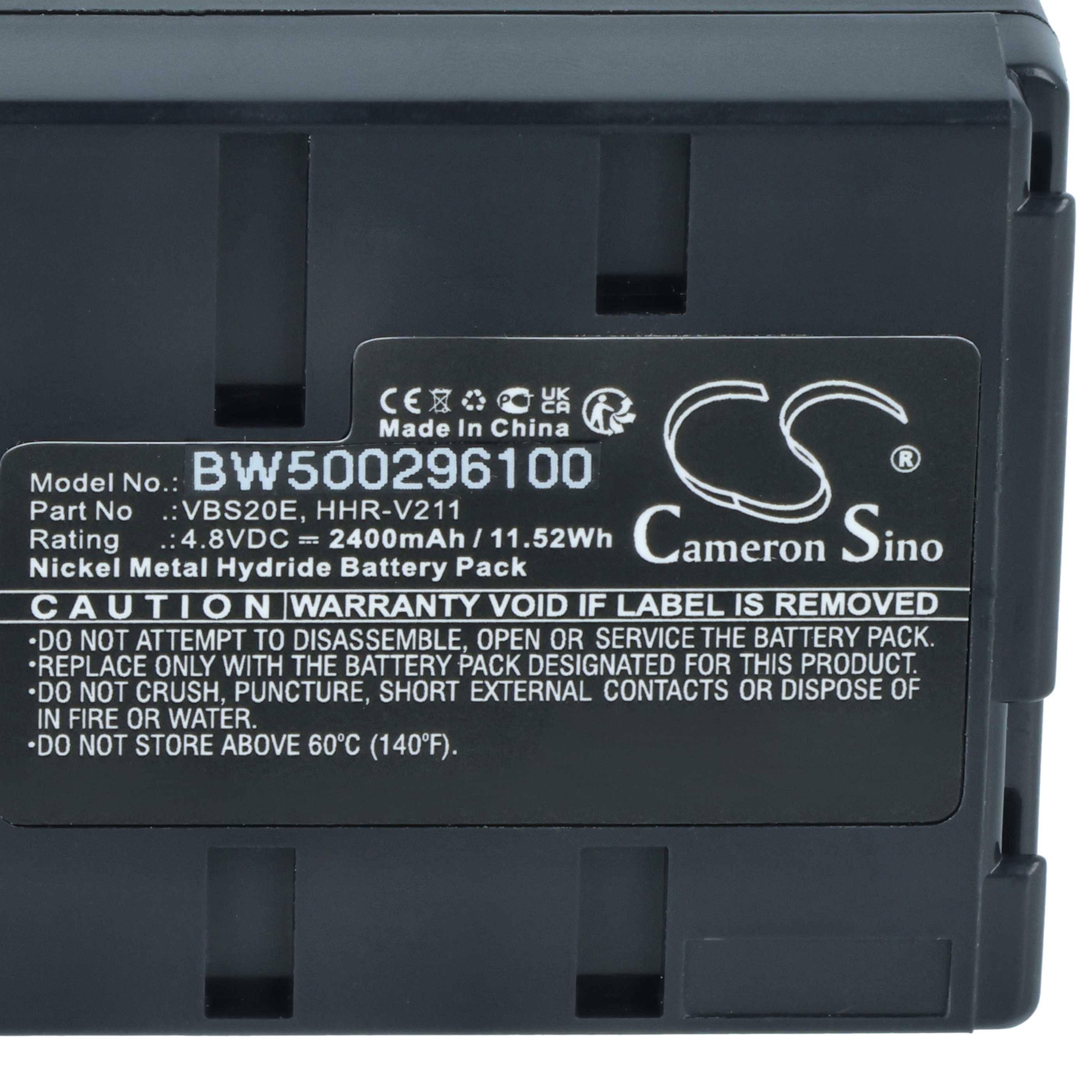 Batteriepaket-Etikett für Cameron Sino Modell BW500296100, Teilenummer VBS20E, HHR-V211, 4,8V 2400mAh 11,52Wh Nickel-Metallhydrid-Batteriepaket mit Sicherheitswarnungen.