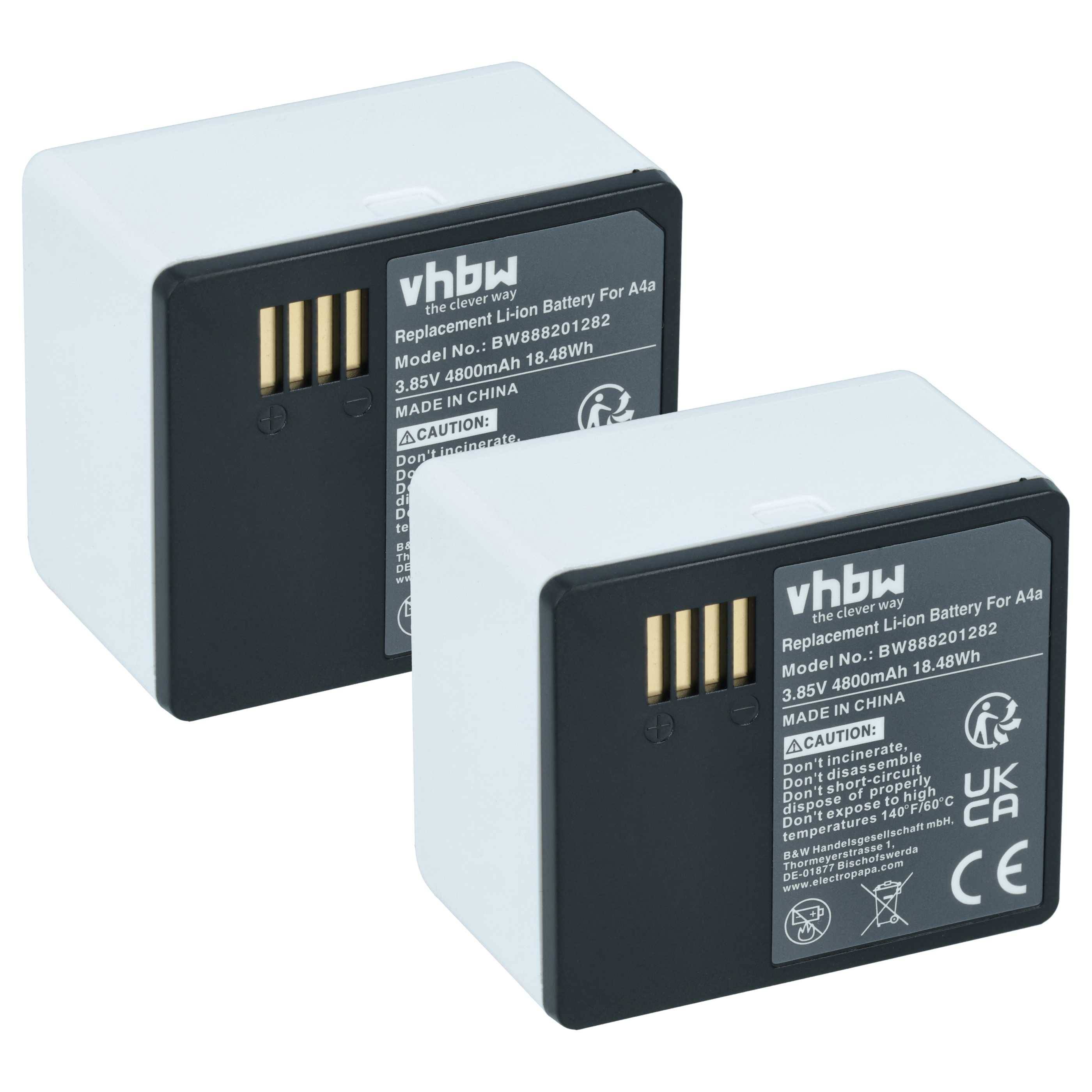 Zwei vhbw wiederaufladbare Lithium-Ionen-Akkus für A4a, dargestellt als weiße und schwarze rechteckige Akkupacks mit sichtbaren Kontaktterminals und Beschriftungstext.