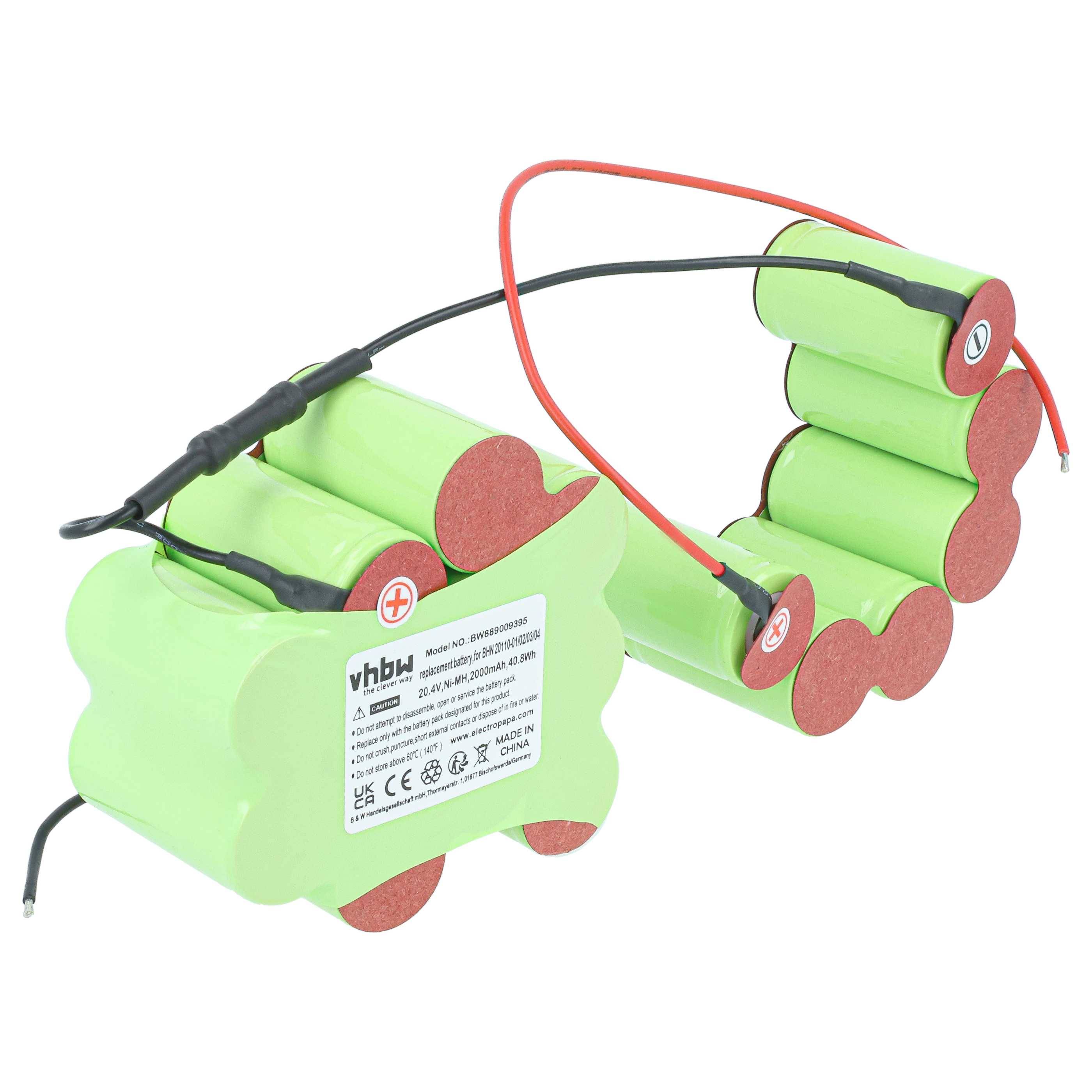 Zwei grüne wiederaufladbare Batteriepackungen aus zylindrischen Zellen mit angebrachten schwarzen und roten Drähten, auf weißem Hintergrund gezeigt.