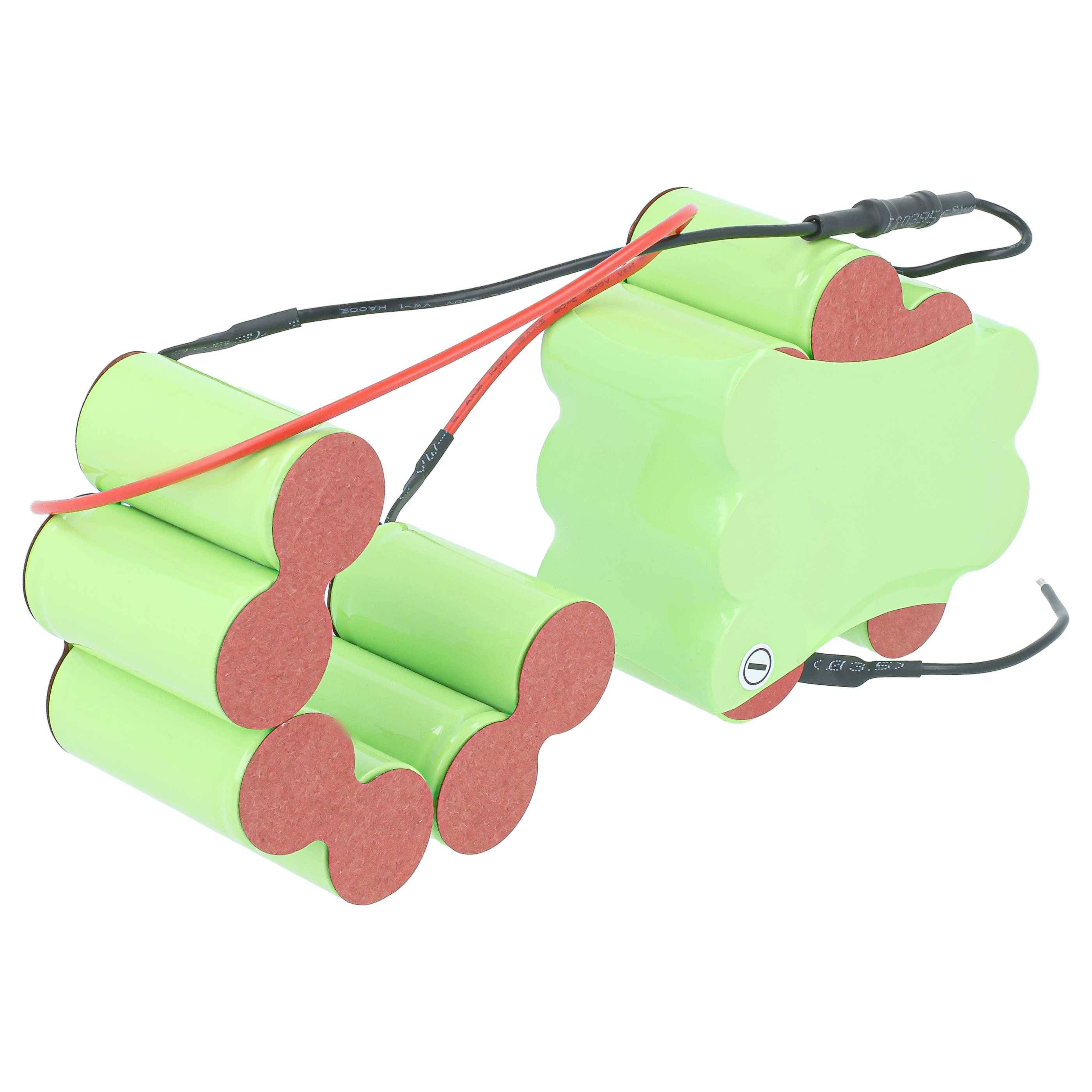 Ein grünes Batteriepaket aus zylindrischen Zellen mit roten Enden, verbunden durch schwarze und rote Drähte auf weißem Hintergrund.