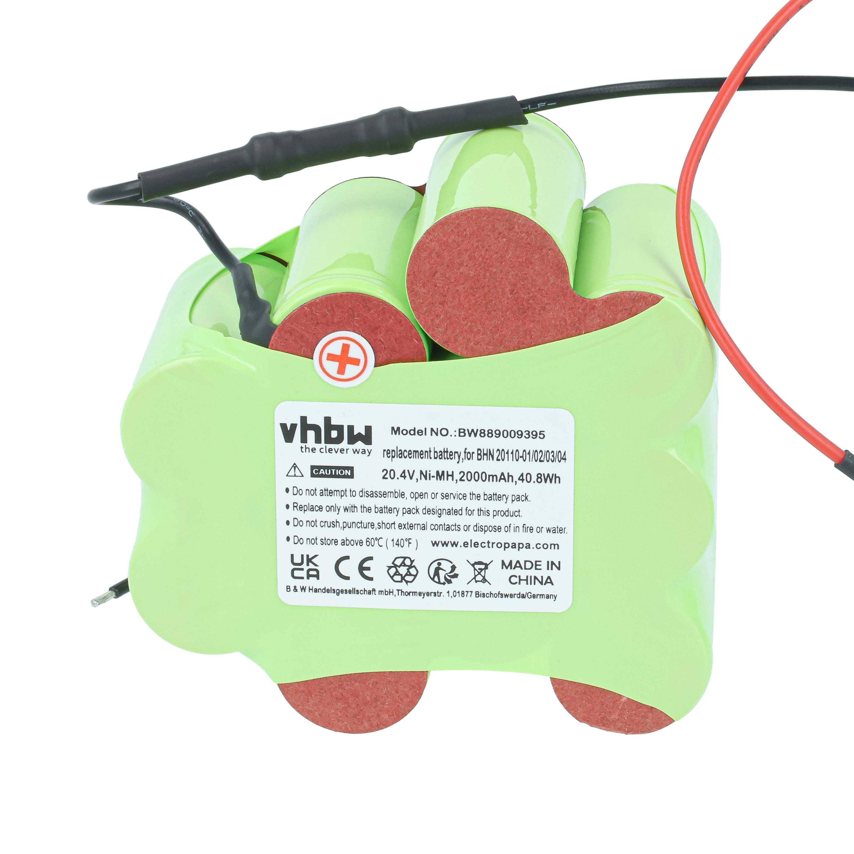 Grünes wiederaufladbares Batteriepaket mit freigelegten roten Zellen und angebrachten schwarzen und roten Drähten, gekennzeichnet mit 'vhbw' und '20,4V Ni-MH 2000mAh 40,8Wh'.