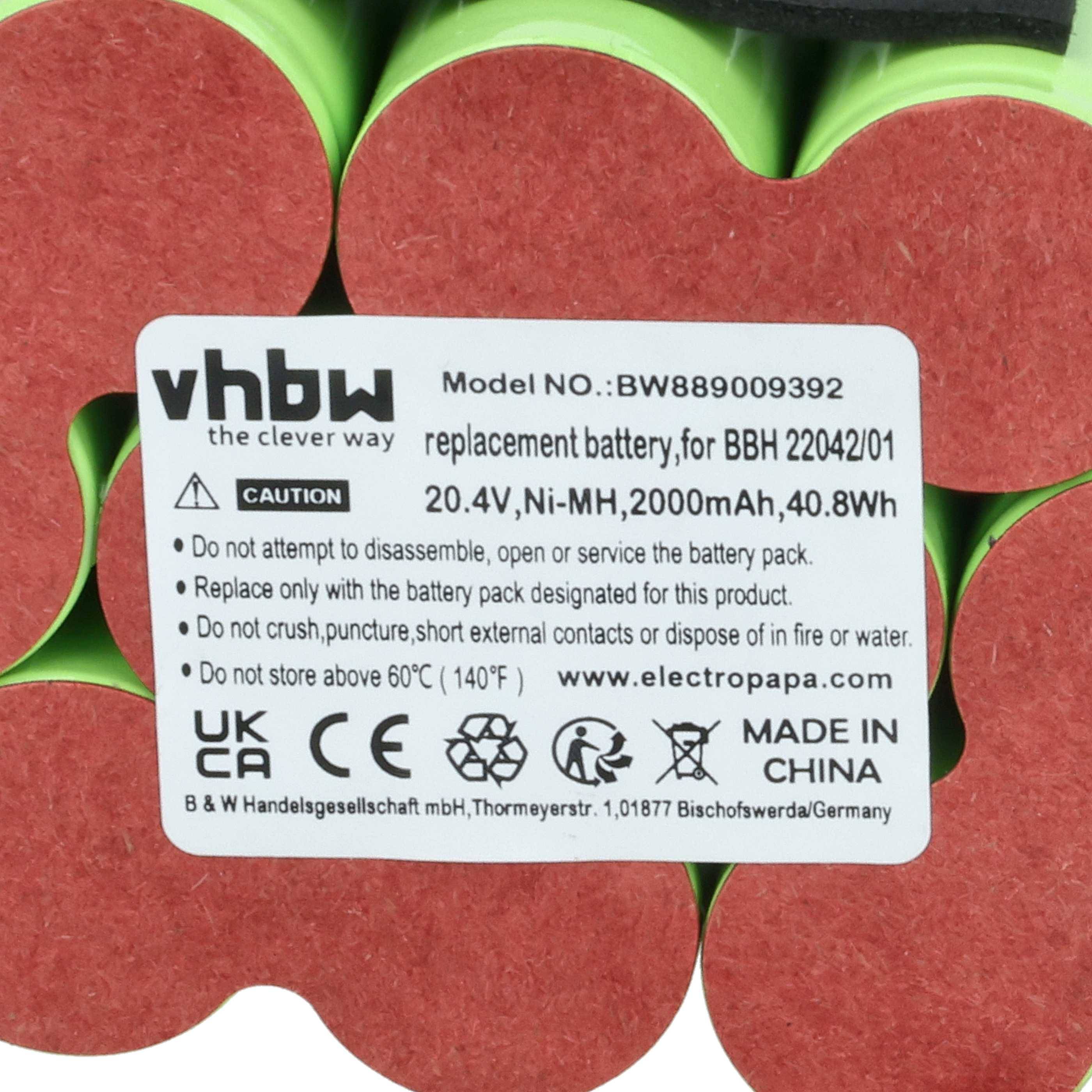 Nahaufnahme eines wiederaufladbaren Akkupacks mit Etikett, das ein 'vhbw' Ersatzakku zeigt, 20,4V Ni-MH 2000mAh, hergestellt in China.