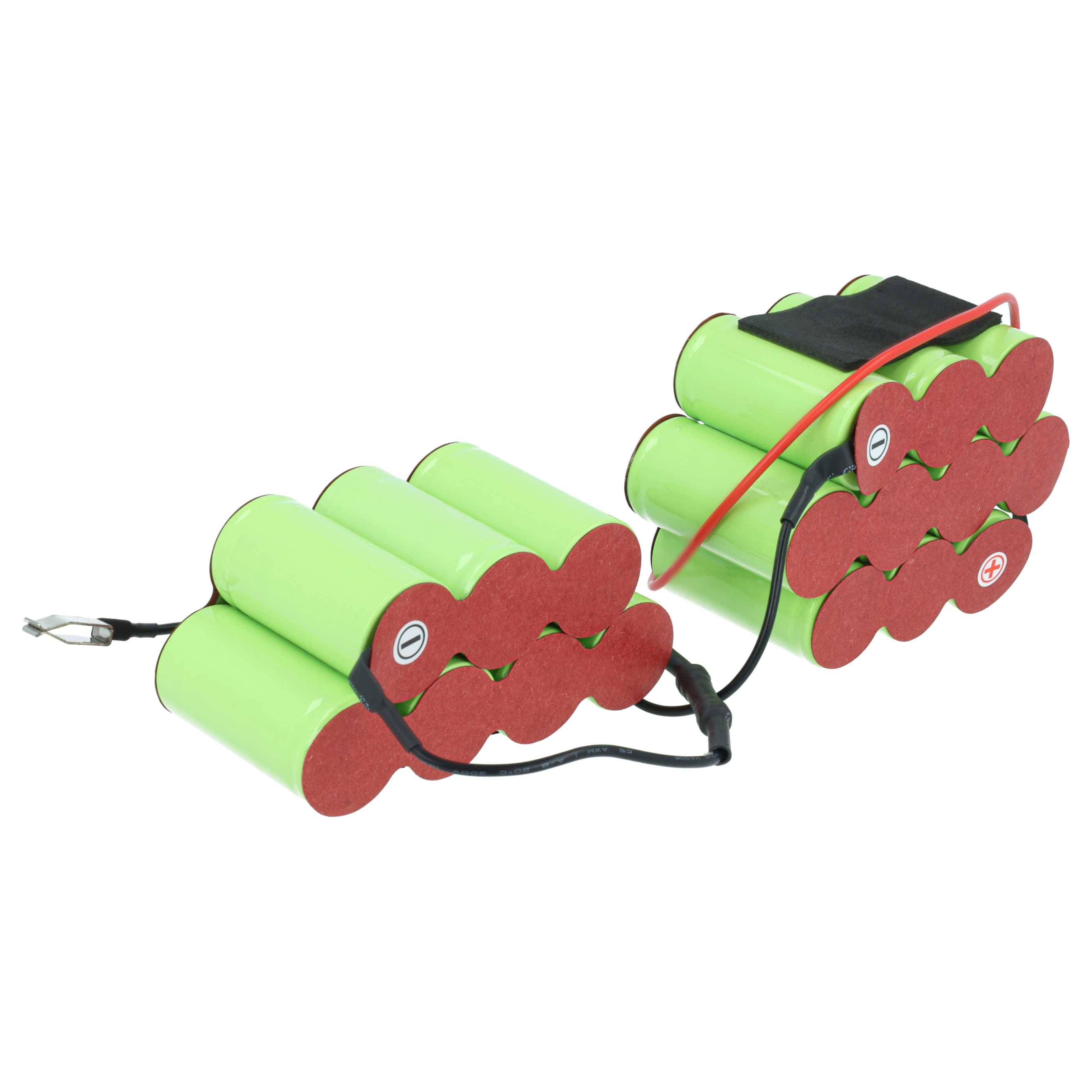 Zwei Batteriepacks, die durch Drähte verbunden sind, jeweils bestehend aus grünen zylindrischen Zellen mit roten Endkappen und Polaritätsmarkierungen.
