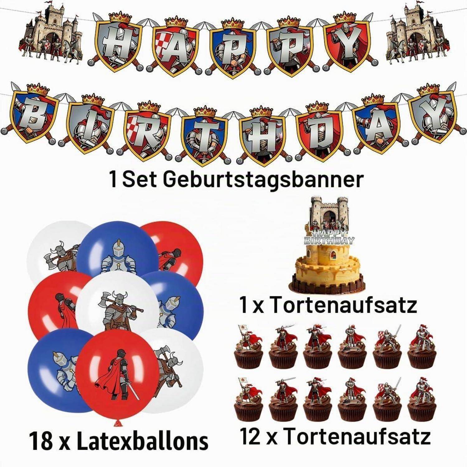 Geburtstagsparty-Set mit „HAPPY BIRTHDAY"-Banner, 18 Latex-Ballons und Kuchendeckel für Cupcakes und eine Torte.