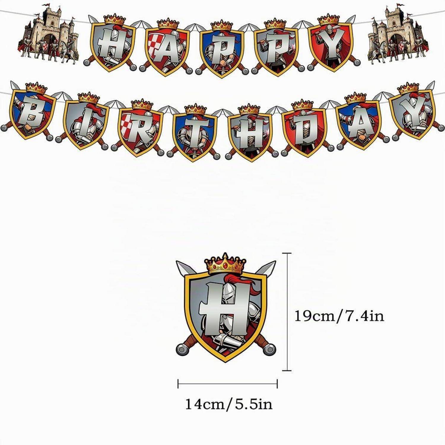 „Alles Gute zum Geburtstag"-Banner mit mittelalterlichen Schildbuchstaben und Burgdekorationen, sowie ein einzelnes Schildwappen mit einer Größe von 19 cm Höhe und 14 cm Breite.