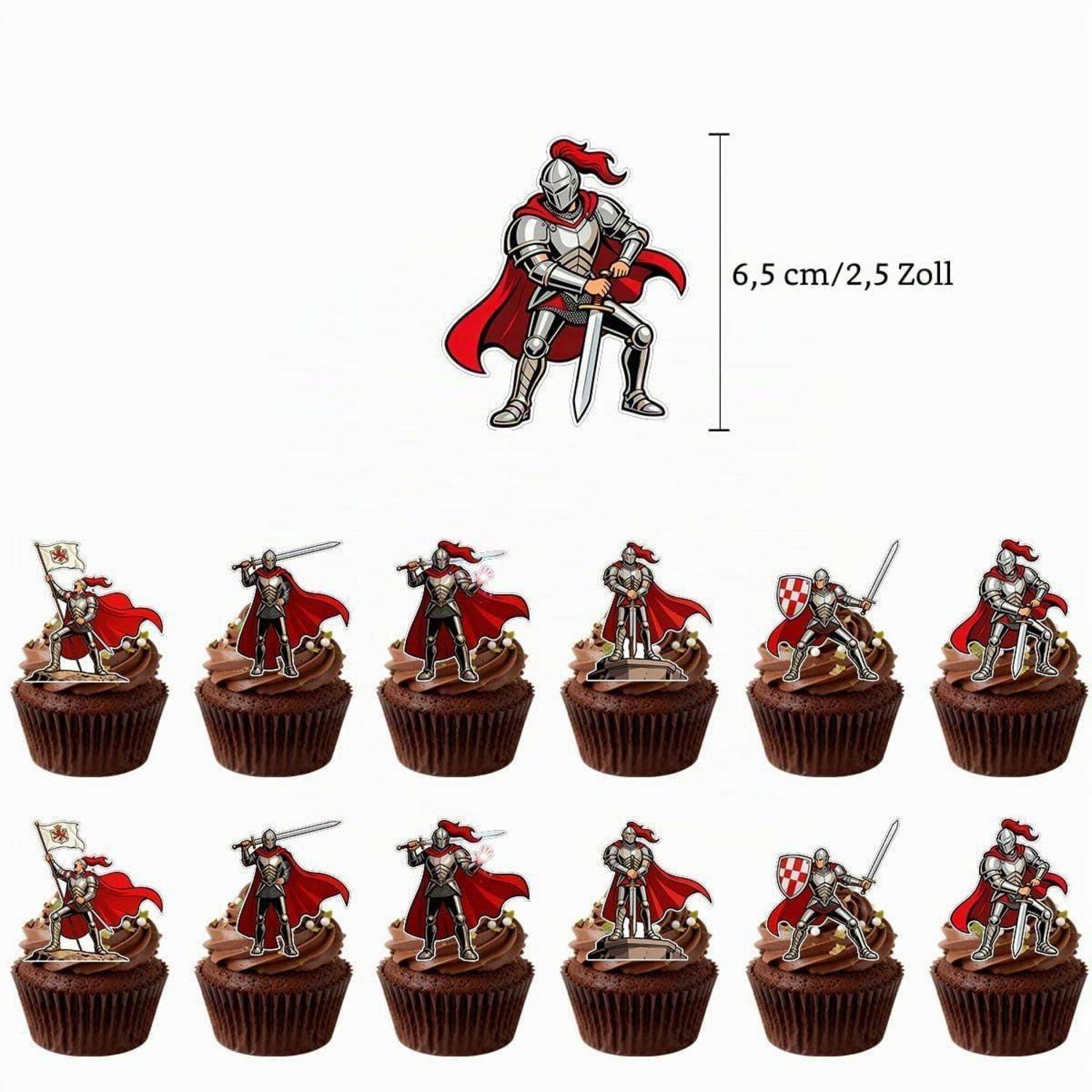 Miniatur-Ritter-Cupcake-Topper, dargestellt als 6,5 cm/2,5 Zoll große Dekoration mit sechs Posenvariatonen auf Cupcakes.