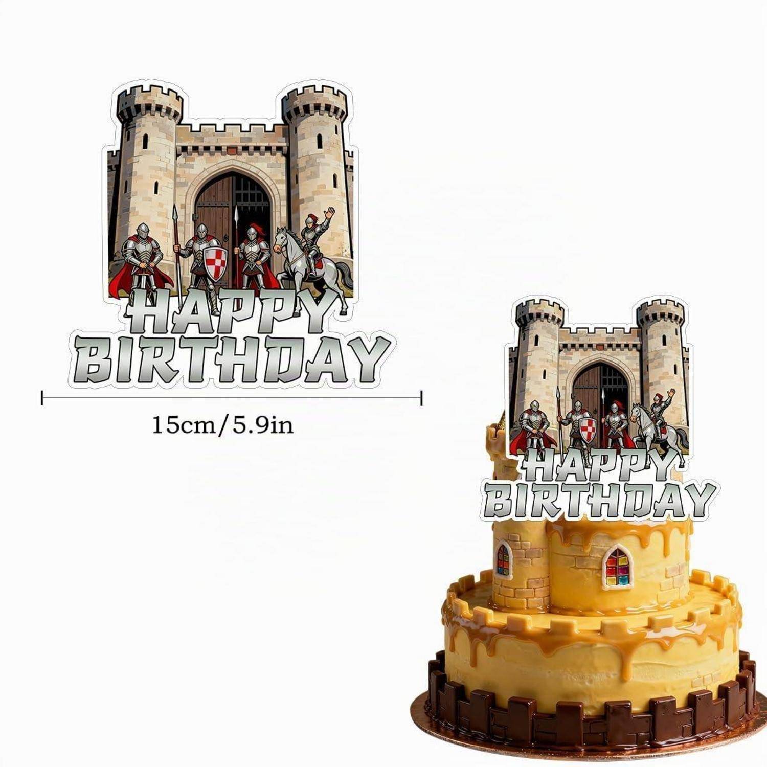 „Happy Birthday" Schlosskuchen-Topper mit einer Breite von 15 cm/5,9 Zoll, abgebildet auf einer mehrschichtigen Geburtstagstorte.