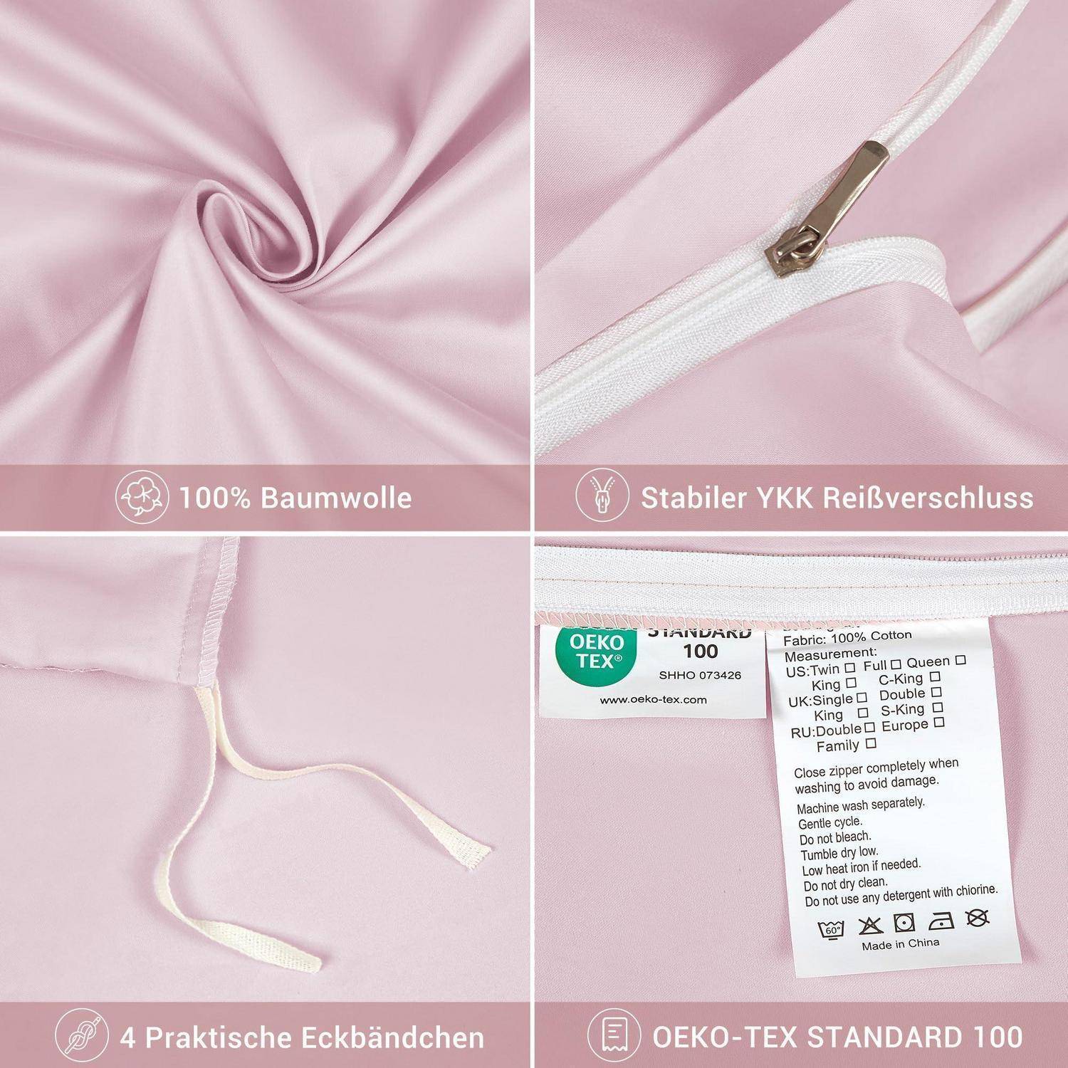 Vier-teilige Produktnahaufnahme eines rosafarbenen Bettwäscheartikel, die den Stoff, den Reißverschluss, die Eckbänder und das OEKO-TEX 100 Pflegeetikett zeigen; deutsche Feature-Captions notieren 100% Baumwolle und robuste YKK-Reißverschluss.