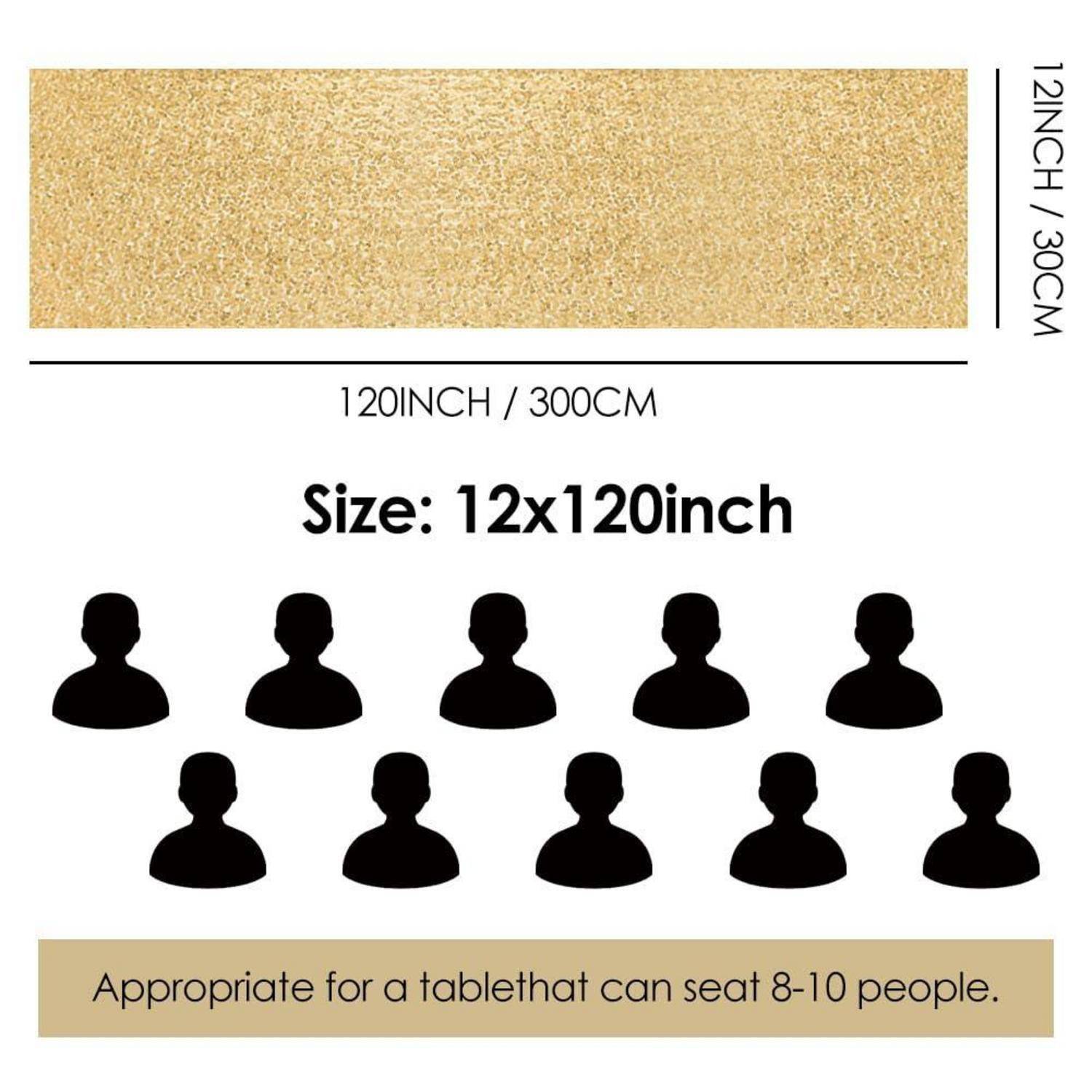 Tischläufer aus Gold mit den Maßen 12 x 120 Zoll, gezeigt über einem 10-Personen-Gedeck und gekennzeichnet als geeignet für einen Tisch mit 8–10 Personen.