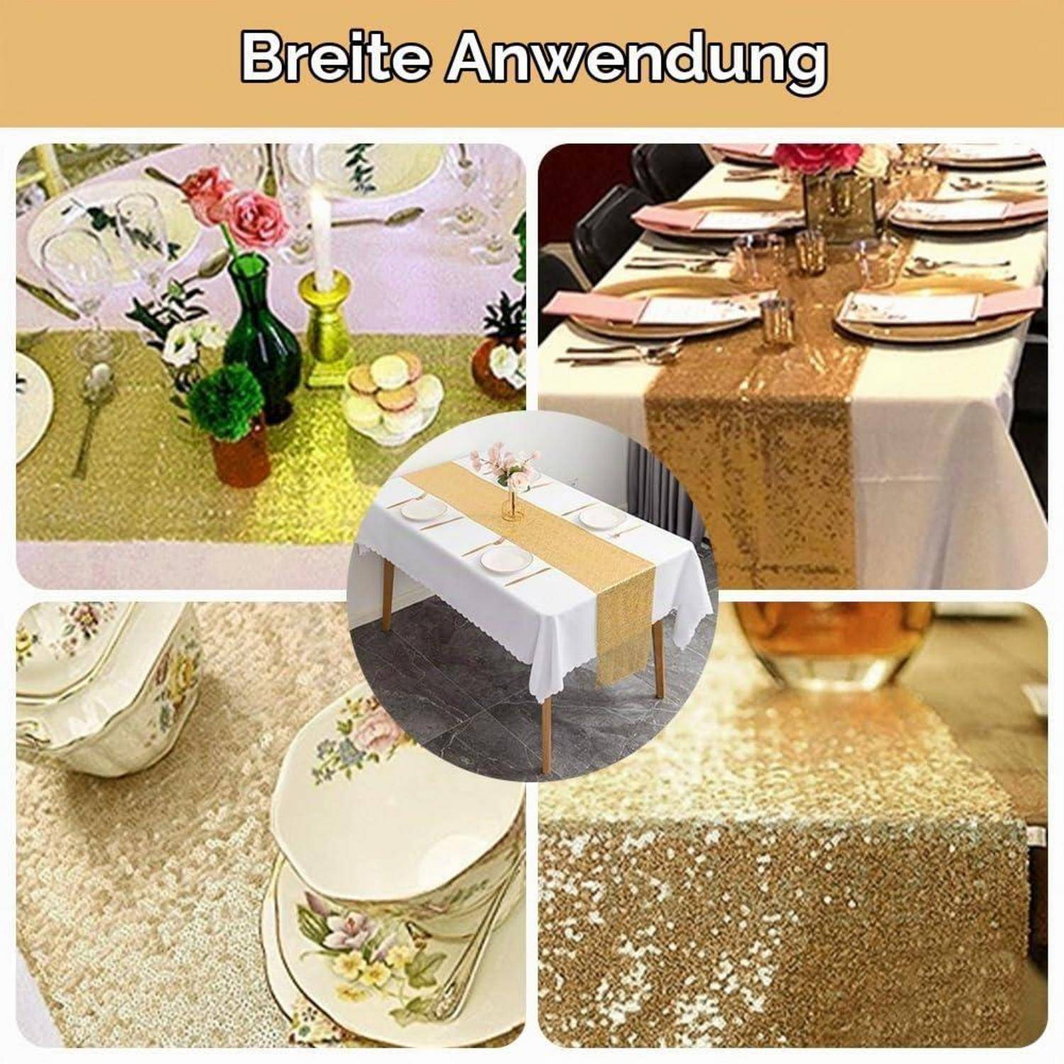Collage mit dem Titel „Breite Anwendung" zeigt einen goldenen Pailletten-Tischläufer, der auf dekorierten Esstischen bei einer Hochzeit oder einem formalen Anlass verwendet wird.