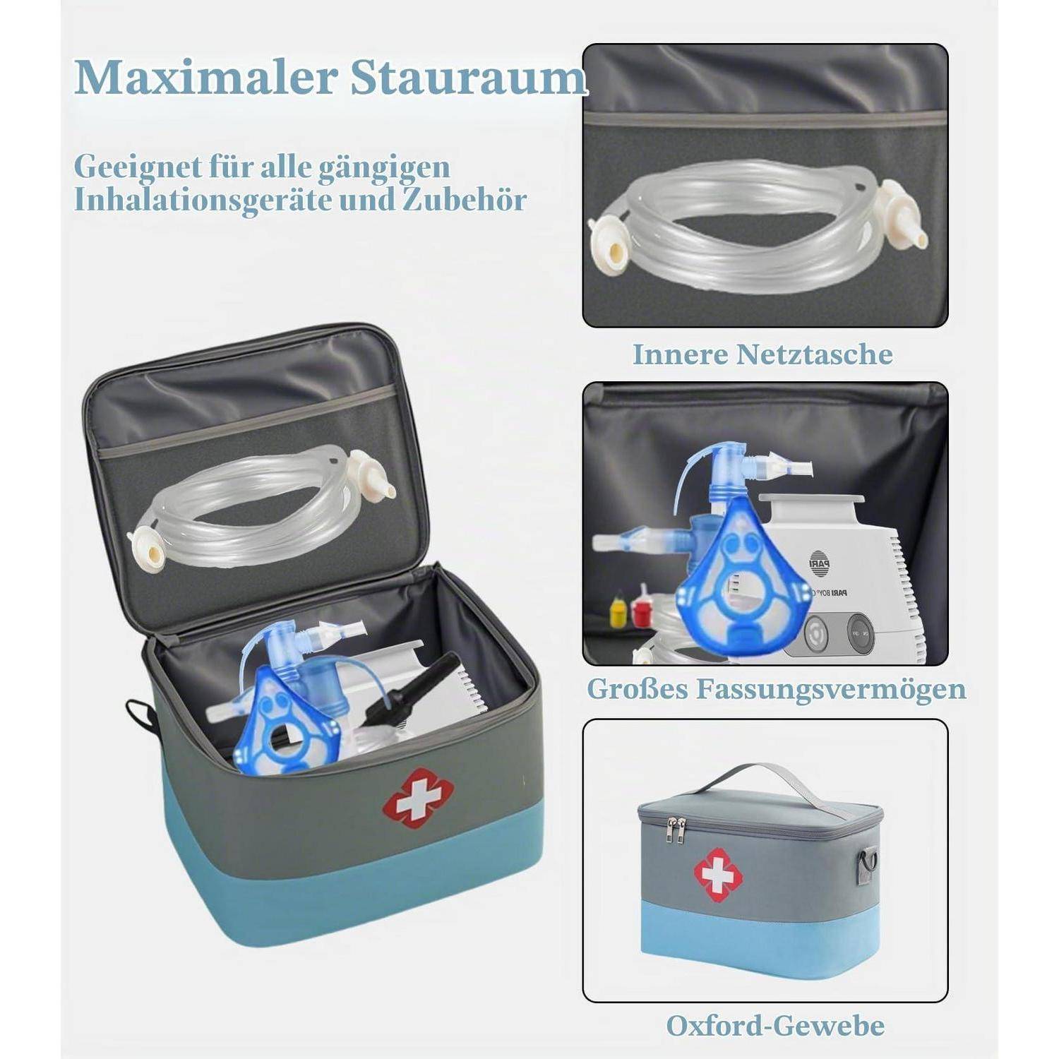 Produktanzeige für eine grau-blaue tragbare Aufbewahrungstasche für Inhalationsgeräte und Zubehör, mit großem Fassungsvermögen, innerer Netztasche und Oxford-Stoff.