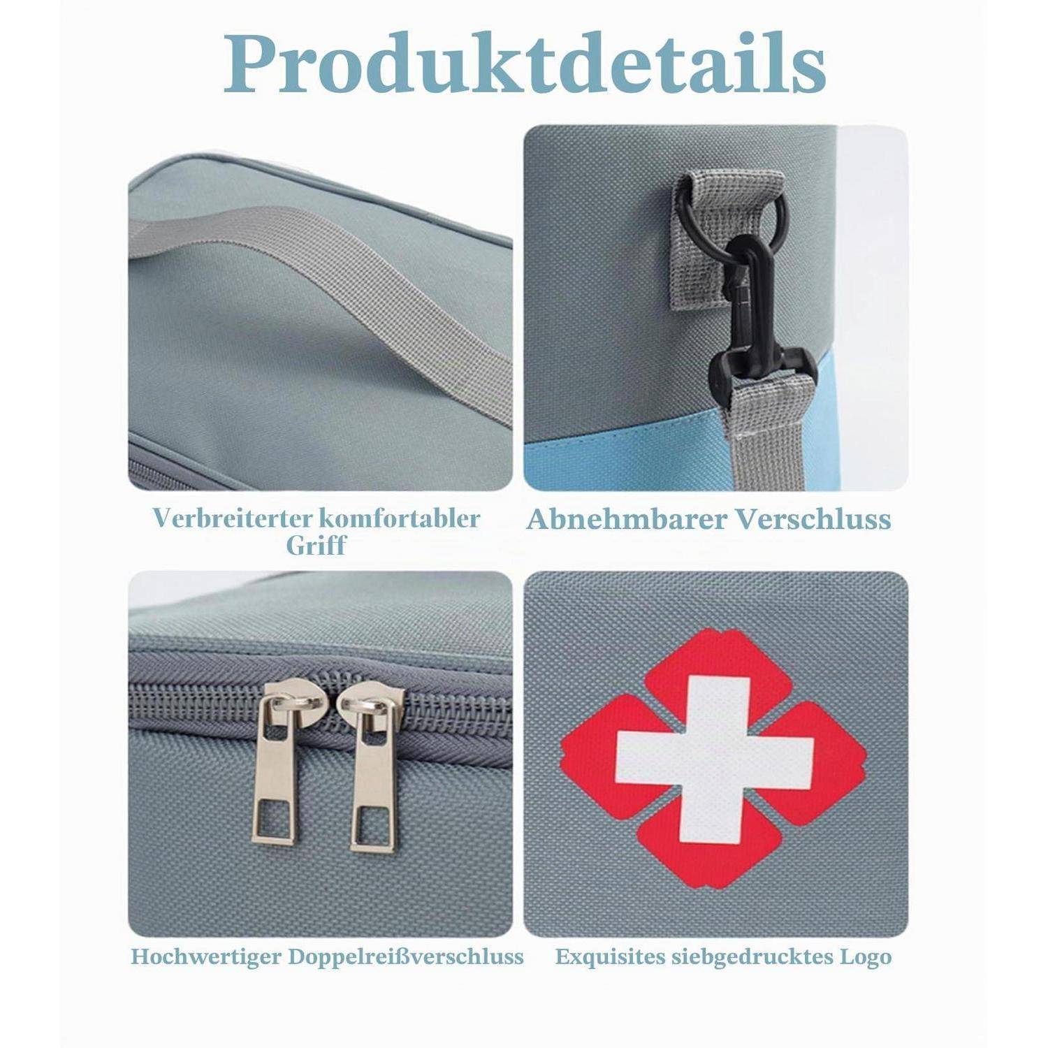 Produktdetails-Infografik mit einer grauen Tasche: verbreiterter bequemer Griff, abnehmbarer Schnallenverschluss, Doppelreißverschluss und rotes medizinisches Logo.