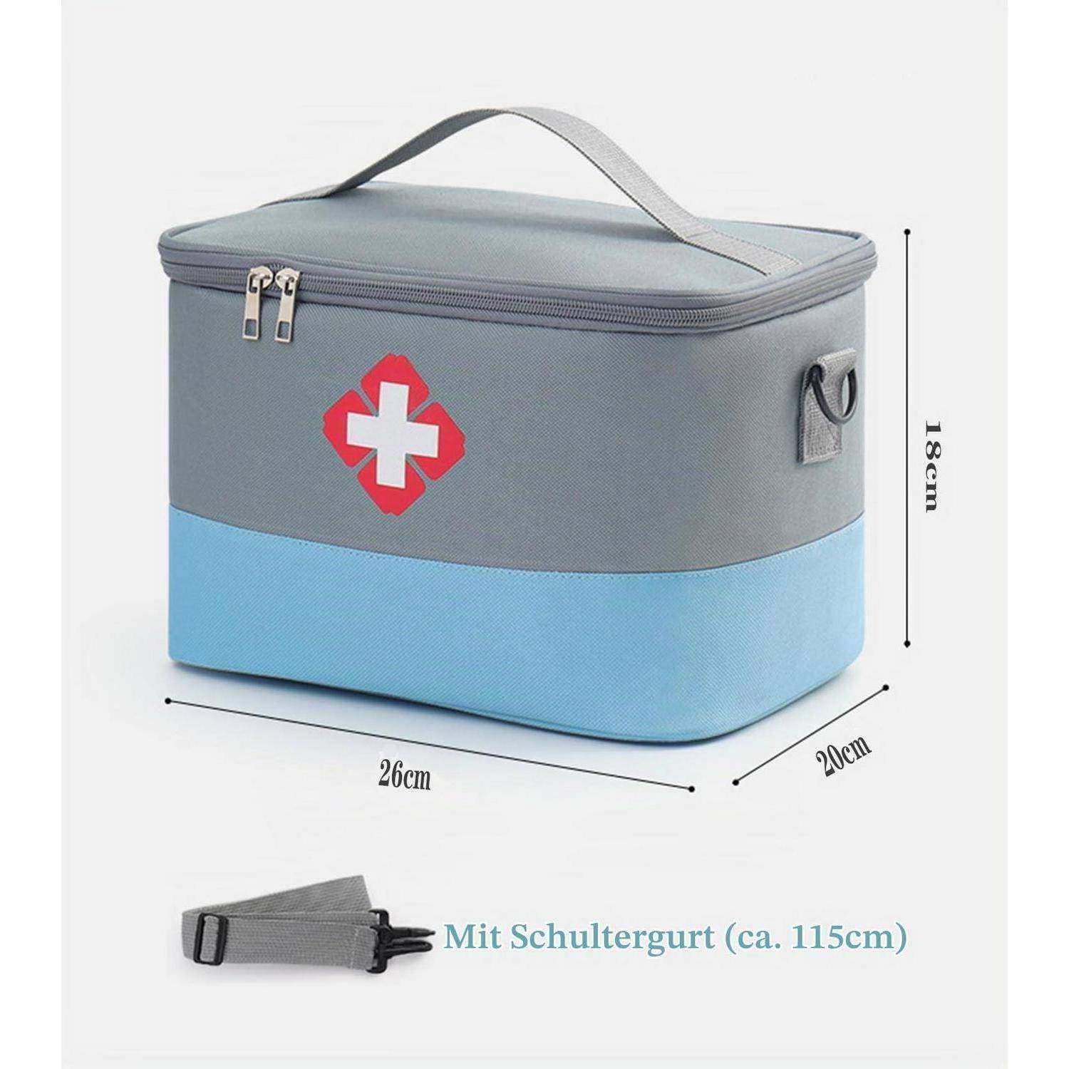Grau und blau isolierte Arzneibeutel mit rotem Kreuz, Tragehenkel, Schultergurt und Abmessungen 26 cm x 20 cm x 18 cm.
