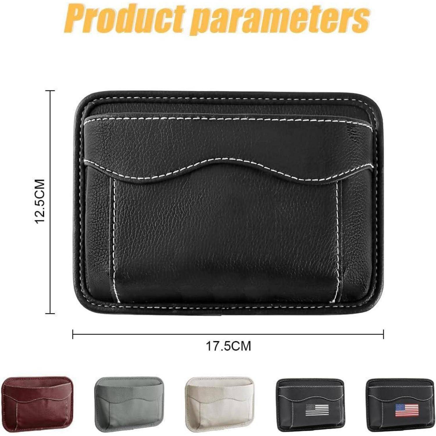 Produktparameter-Bild, das einen schwarzen Lederbeutel oder ein schwarzes Portemonnaie mit einer Breite von 17,5 cm und einer Höhe von 12,5 cm zeigt, mit unten angezeigten Farboptionen.