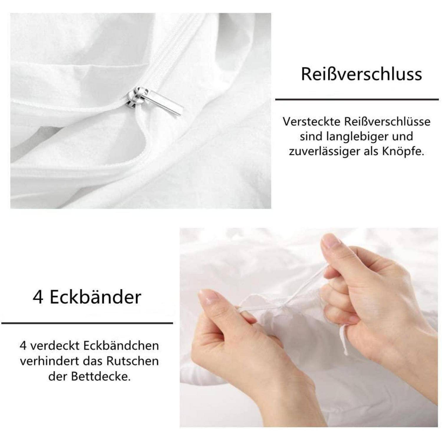 Deutsches Produktgrafik mit verborgenem Reißverschluss und vier Eckbändern für einen Bettbezug; Der Text besagt, dass verborgene Reißverschlüsse haltbarer sind als Knöpfe und Eckbänder ein Verrutschen verhindern.