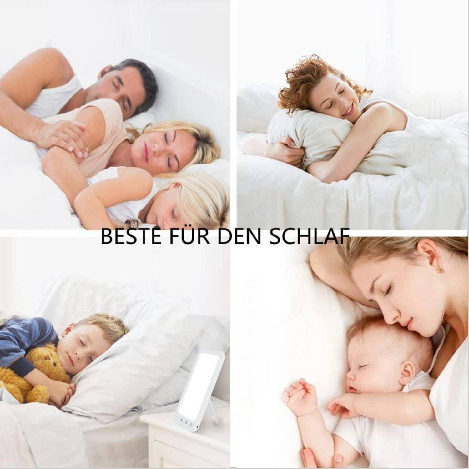 Collage von Menschen, die bequem auf weißer Bettwäsche schlafen, mit dem deutschen Text 
