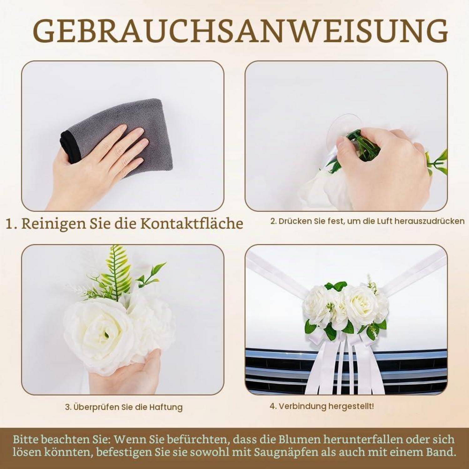 Hochzeitsauto Dekorationsset mit Rosen und Schleifen Weiß