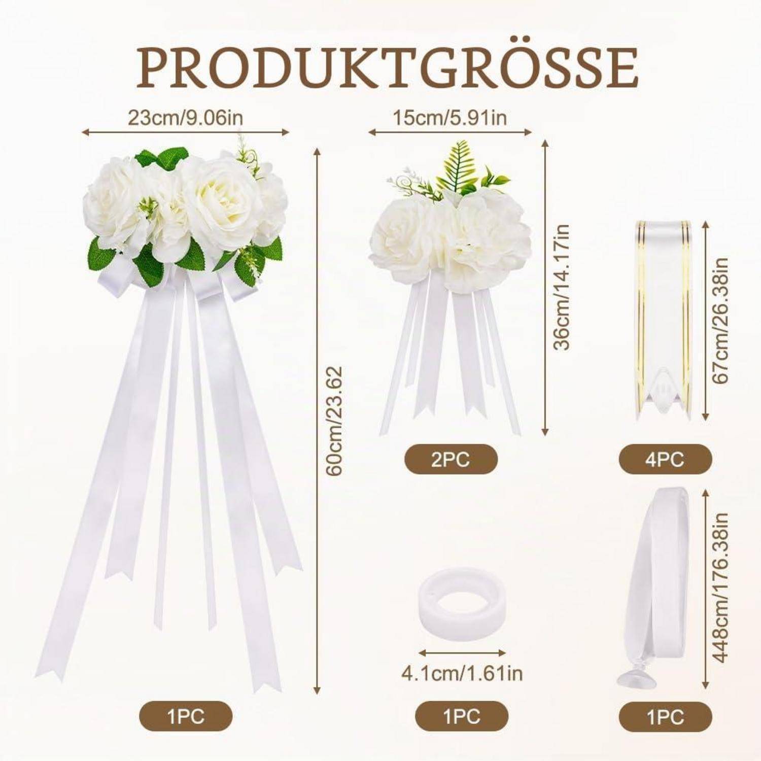 Hochzeitsauto Dekorationsset mit Rosen und Schleifen Weiß