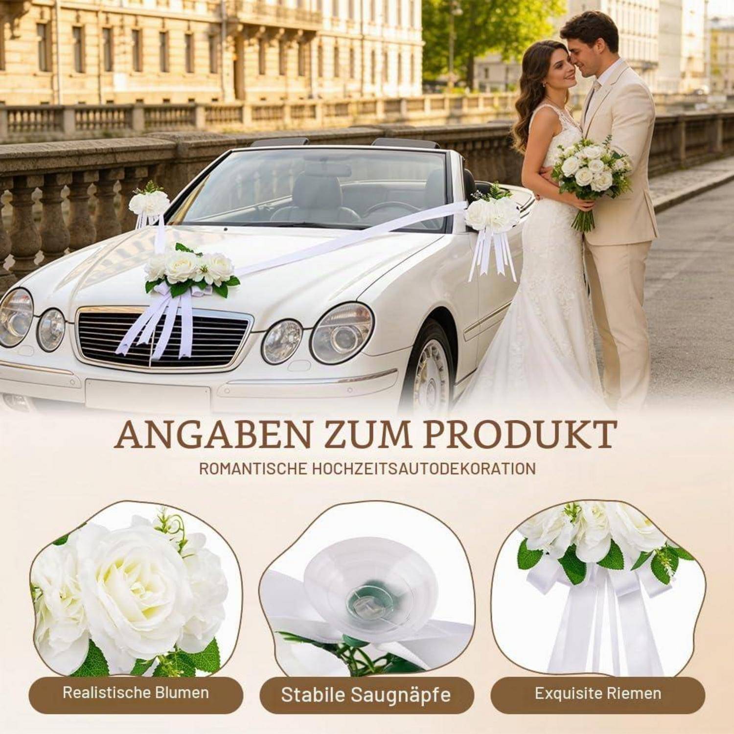 Hochzeitsberg-Dekorationssatz, gezeigt auf einem weißen Cabriolet mit Braut und Bräutigam; der Text lautet „ANGABEN ZUM PRODUKT" und „ROMANTISCHE HOCHZEITSAUTODEKORATION"" und hebt Blumen, Saugnäpfe und Bänder hervor.