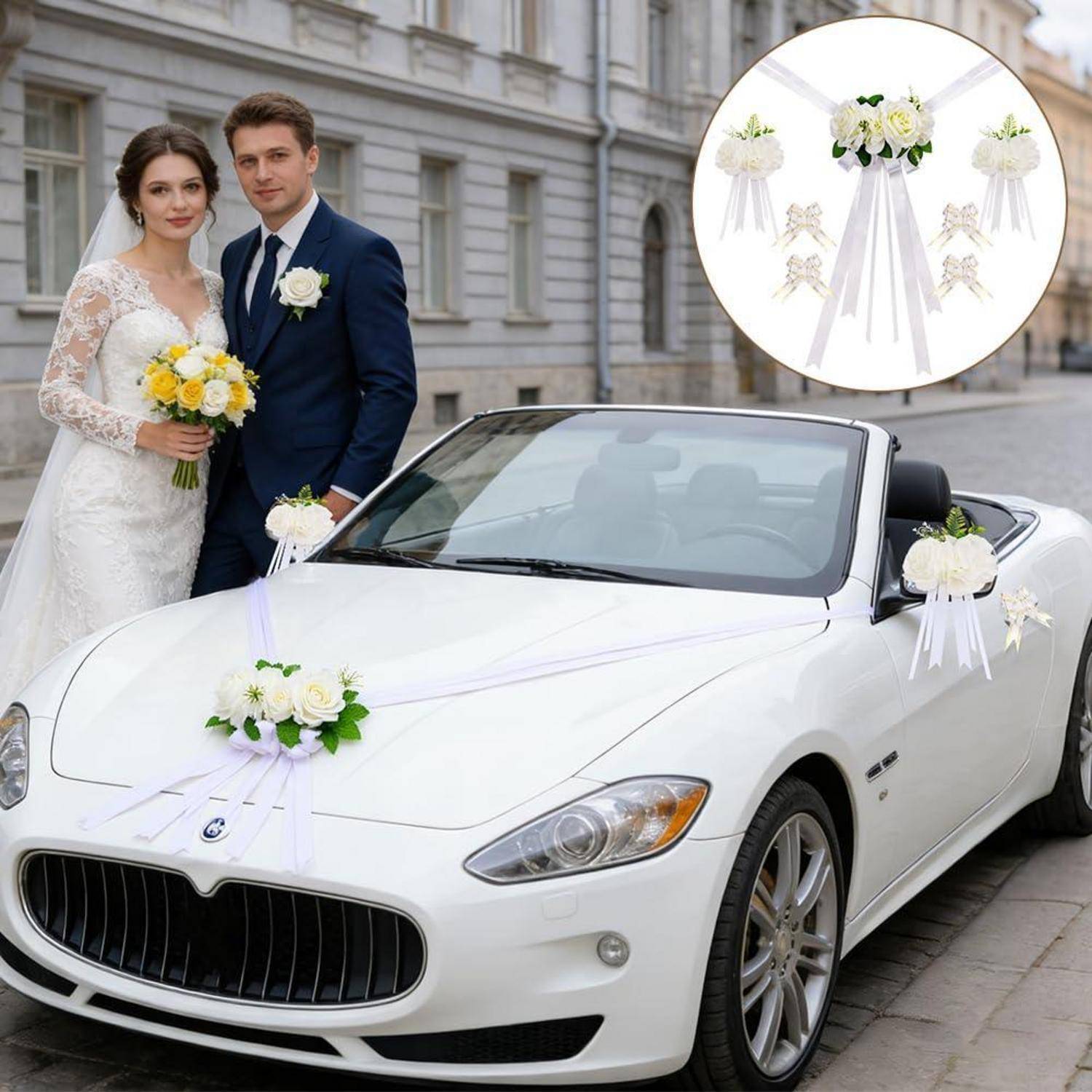 Braut und Bräutigam stehen neben einem weißen Luxus-Cabrio-Hochzeitsauto, das mit weißen Blumenschleifen dekoriert ist; die Einleitung zeigt passende Strauß-Arrangements.
