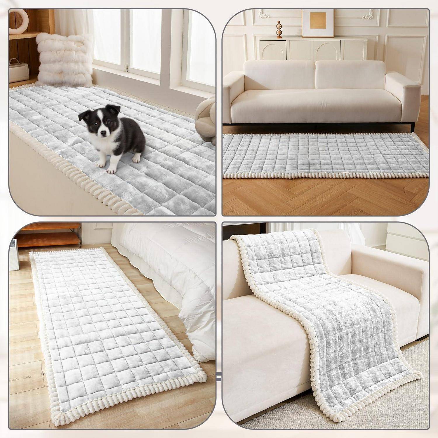 Die Collage zeigt eine gesteppte weiße Haustiermatte und einen Sofabezug, die in einem Wohnzimmer verwendet werden, mit einem kleinen schwarz-weißen Welpen auf einer der Matten.