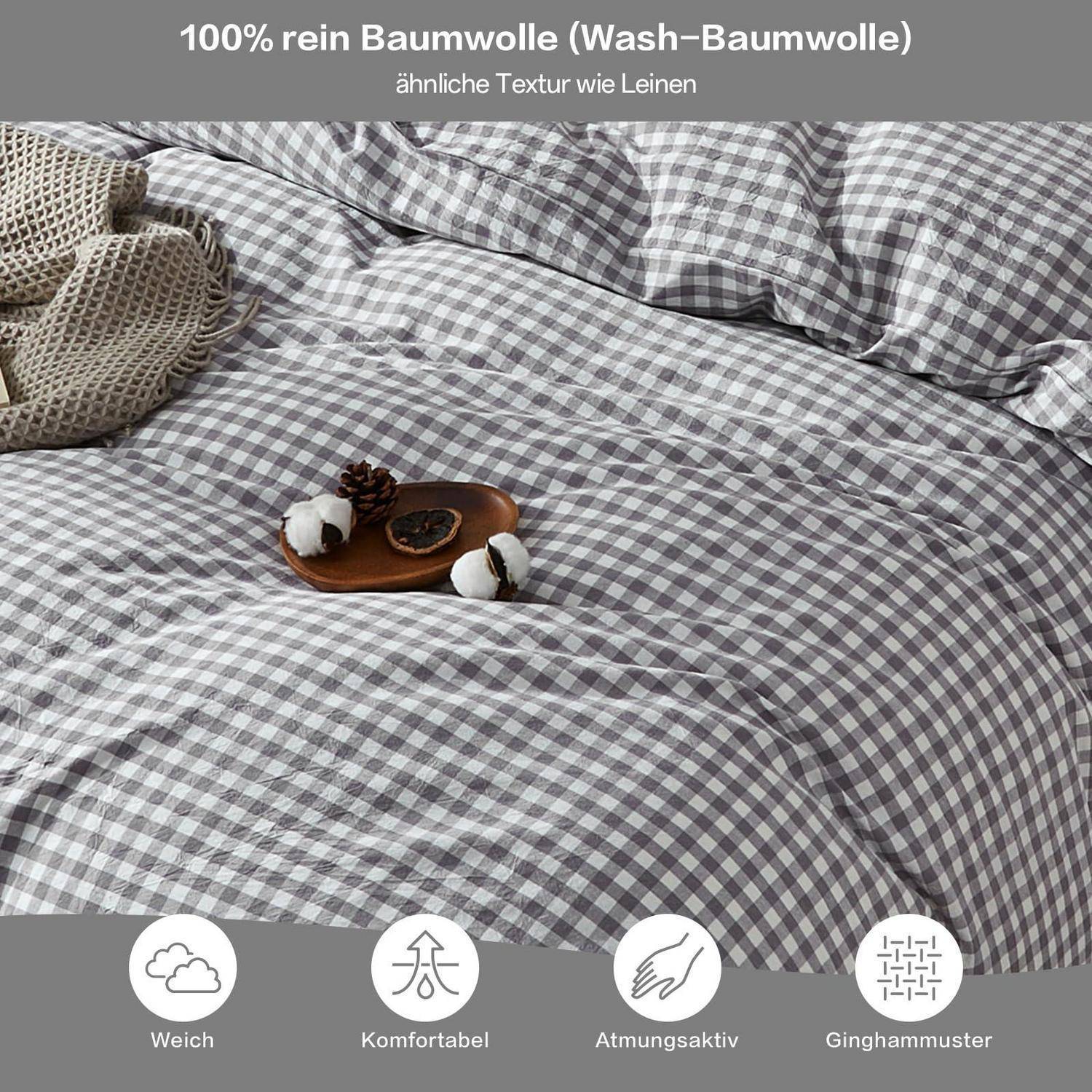 Grauer Gingham-Baumwollbettwäsche mit Kissen und Tablett; Text sagt „100% reine Baumwolle (Waschbaumwolle)" und „ähnliche Textur wie Leinen"".