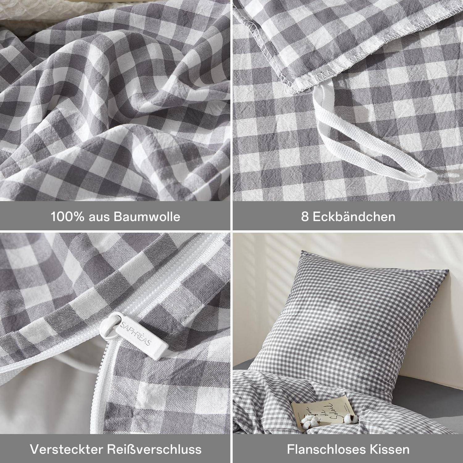 Vier-Panel-Produktbild einer grau-weiß karierten Kissenhülle, die 100% Baumwolle, acht Eckbänder, verborgenem Reißverschluss und fertigem Kissenaussehen zeigt.