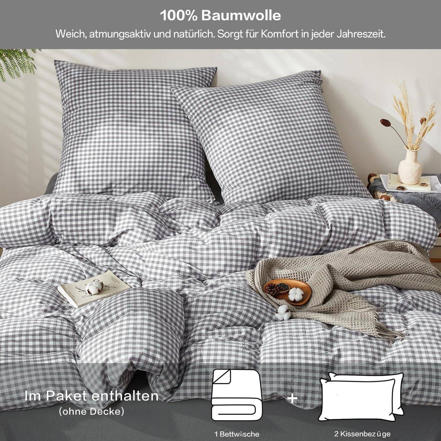 Graukariertes Baumwoll-Bettwäscheset auf einem gemachten Bett, das eine Bettwäschegarnitur und zwei Kissenbezüge zeigt; Text sagt „100% Baumwolle" und „Im Paket enthalten (ohne Decke)"".