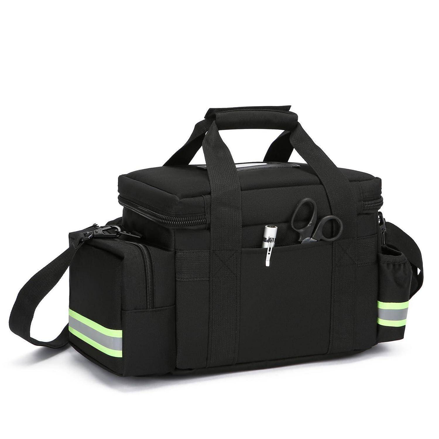 Schwarze medizinische/Nützlichkeitstasche mit weichen Seitenwänden, Griffen, Schultergurt, reflektierenden Seitenstreifen und vorderen Taschen mit Schere und Stift