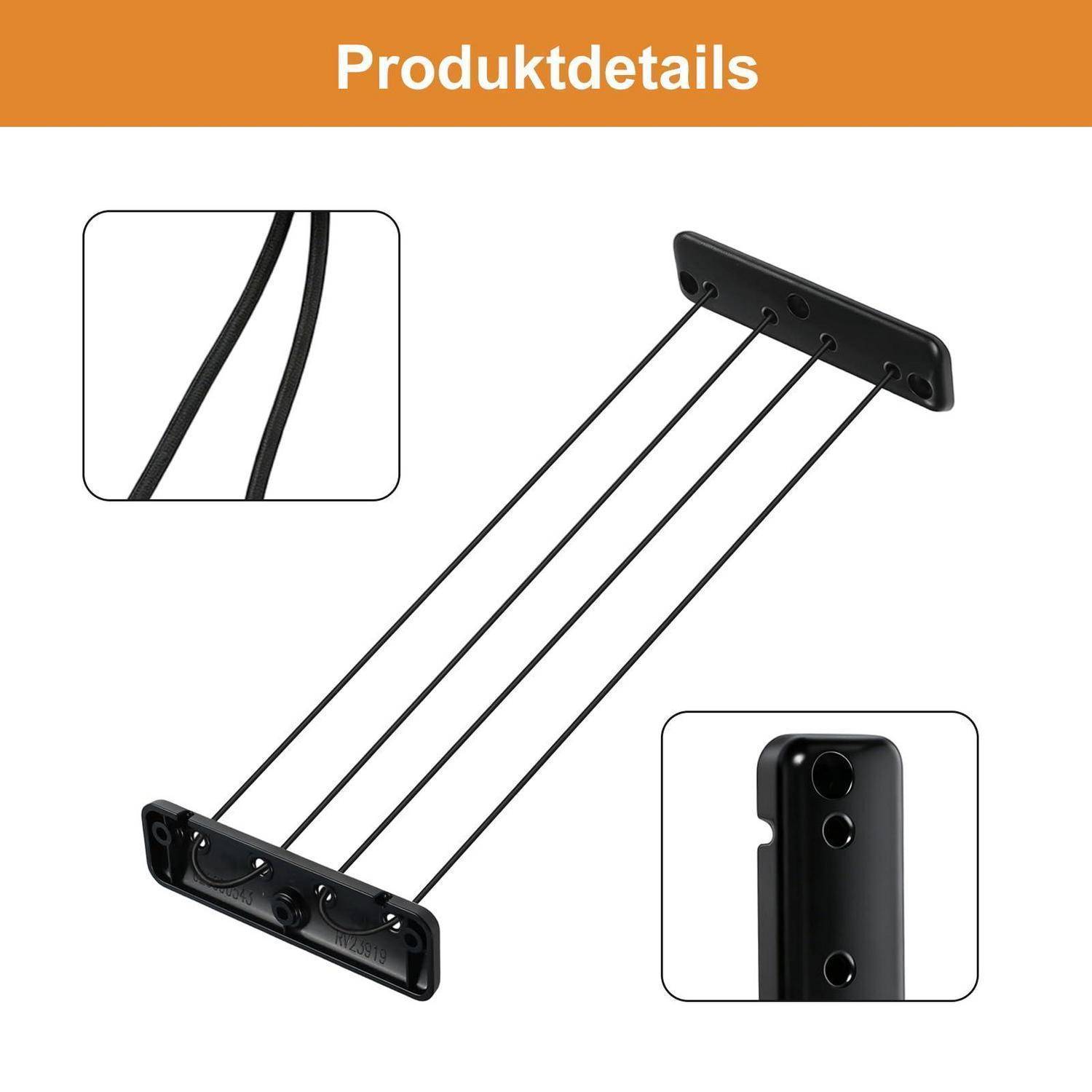 Produktdetailbild eines schwarzen Hardwareteils mit drei Spannseilen, die zwei Befestigungsplatten verbinden, mit eingefügten Nahaufnahmen der Seile und der Endkappe.