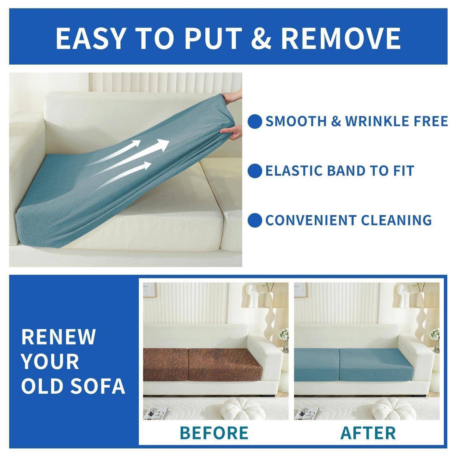 Werbung für einen Sofabezug: einfach anzubringen und zu entfernen, glatt und knitterfrei, elastische Passform, bequeme Reinigung; Vorher-Nachher-Sofa-Umgestaltung gezeigt.