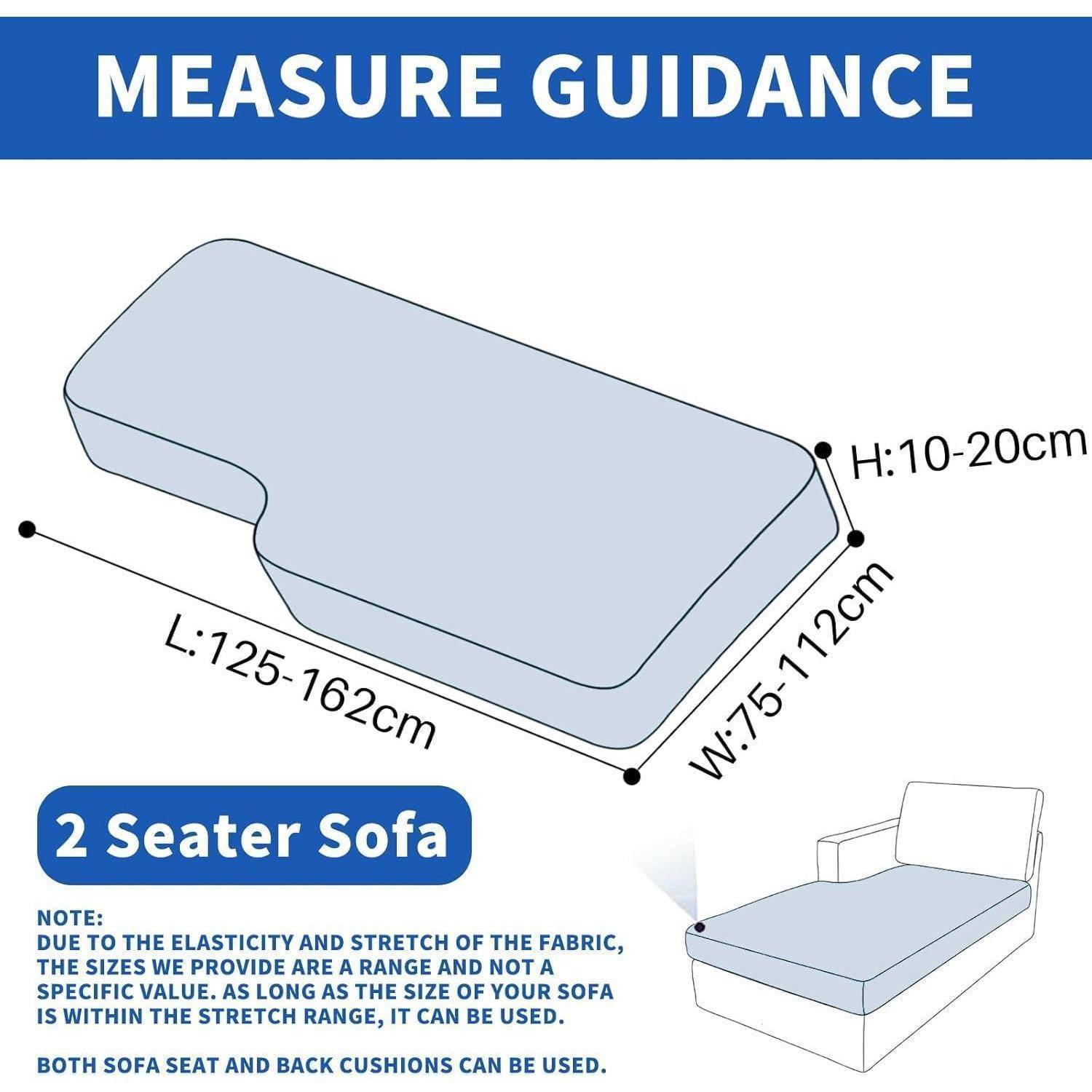 Messleitfaden für einen 2-Sitzer-Sofabezug: passt auf Sofas L 125-162 cm, B 75-112 cm, H 10-20 cm; Hinweis besagt, dass Stretchstoff einen Bereich ermöglicht.