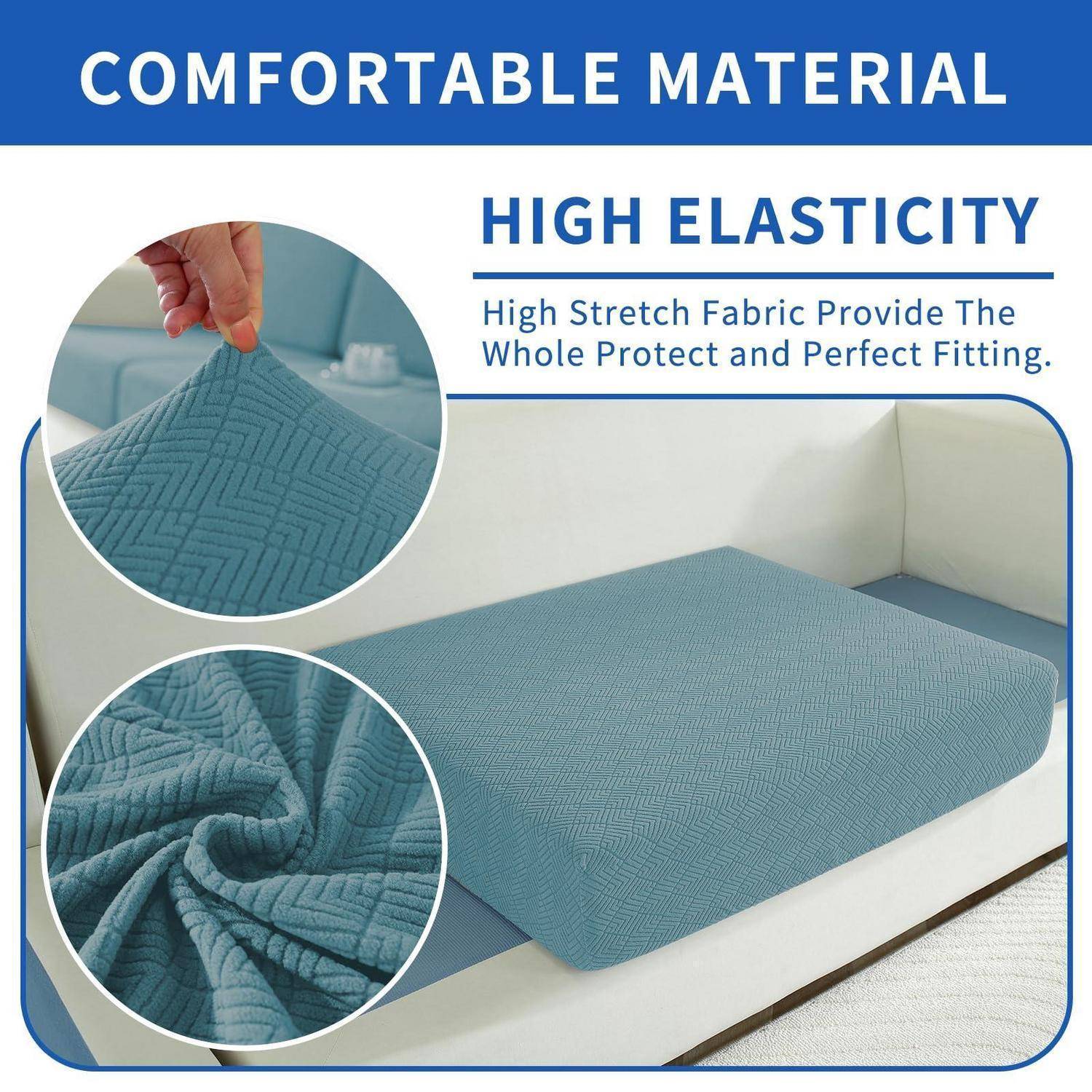 Blauer elastischer Sofabezug auf einem Sofa, der komfortables Material und hohe Elastizität hervorhebt, mit Nahaufnahmen des strukturierten Stoffes.