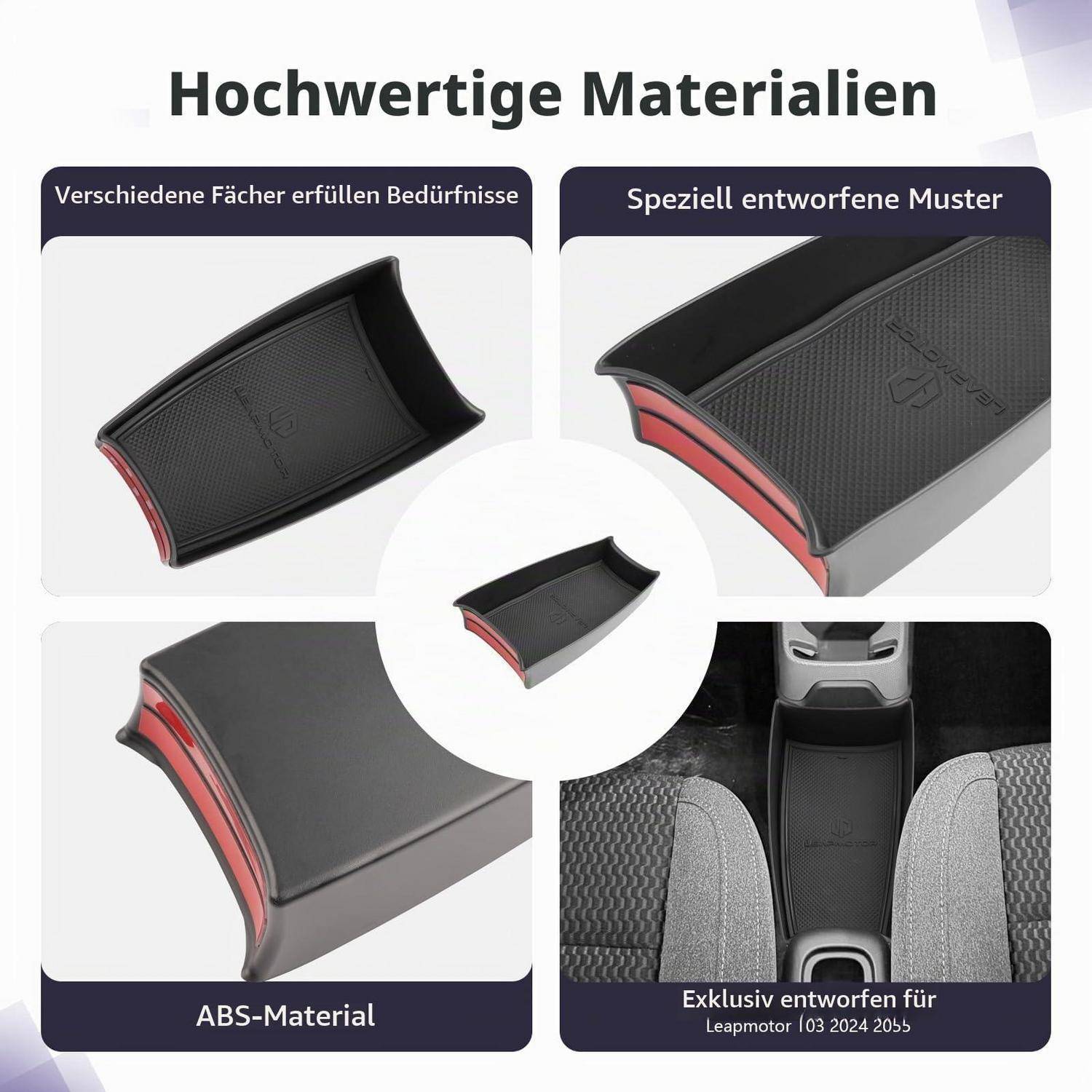 Collage eines Autositzkluft-Füller-Organizers, das strukturiertes ABS-Material, maßgeschneiderte Passform und Verwendung zwischen den Vordersitzen zeigt; deutsche Beschriftungen heben "hochwertige Materialien"" hervor.