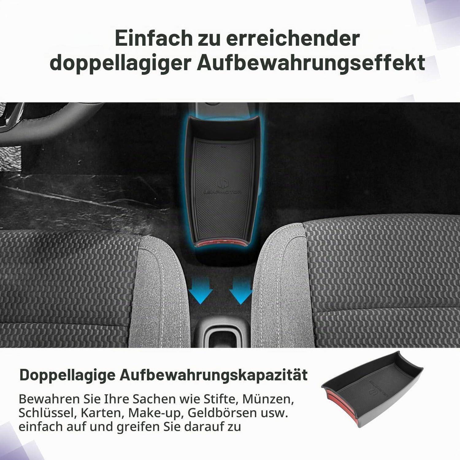 Der Autoinnenraum zeigt ein doppellagiges Aufbewahrungsfach zwischen den Sitzen, das auf Deutsch als leicht erreichbar bezeichnet wird und Platz für Stifte, Münzen, Schlüssel, Karten und Kosmetikprodukte bietet.