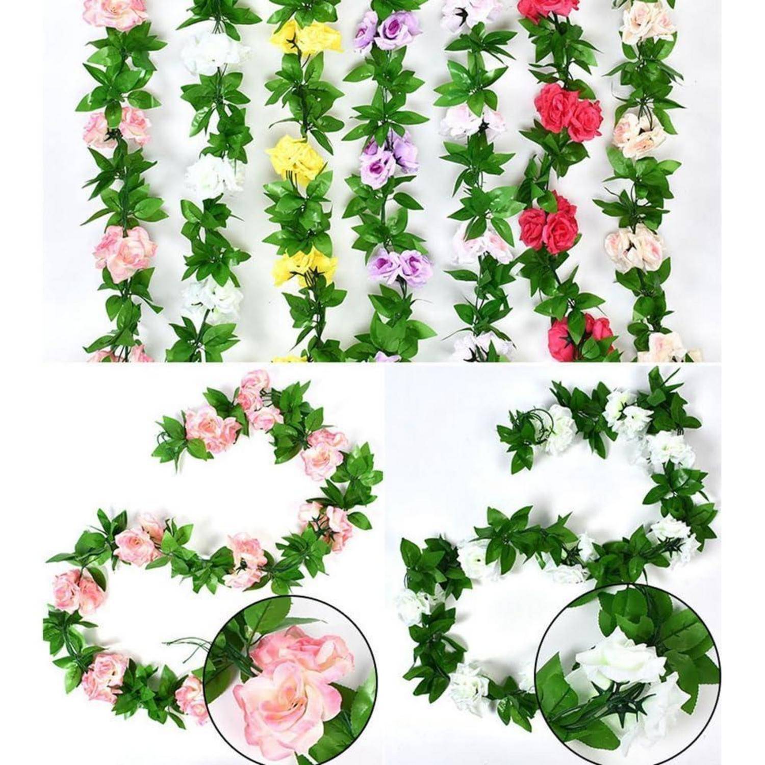 Collage aus künstlichen Blumengirlanden in Pastellfarben, vertikal hängend angeordnet und zu Herzformen gestaltet, mit Nahaufnahmen von rosa und weißen Blüten.