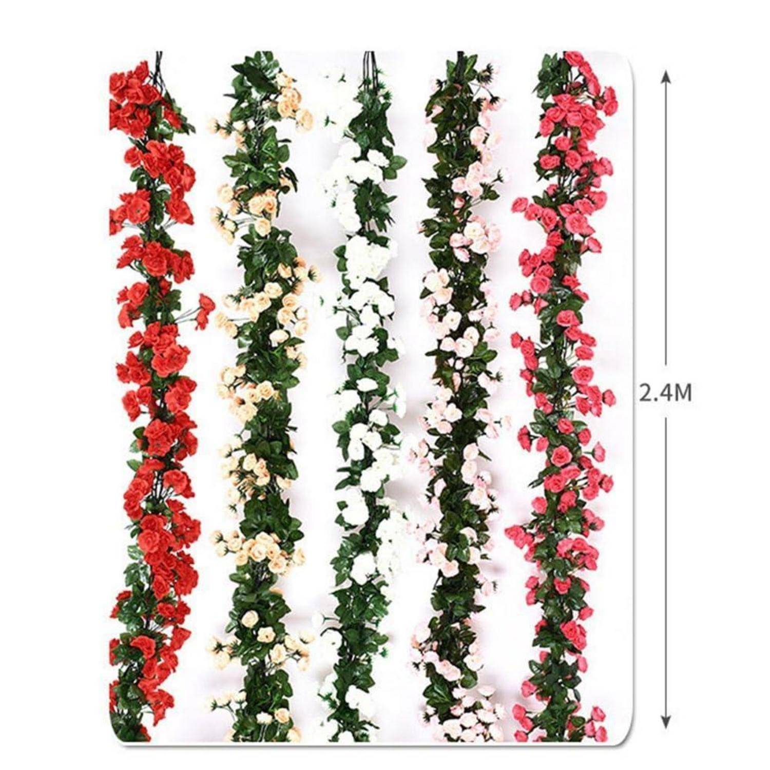 Fünf vertikale künstliche Blumengirlanden in Rot, Creme, Grün, Weiß und Rosa, gezeigt als 2,4 m lange hängende Dekoration.
