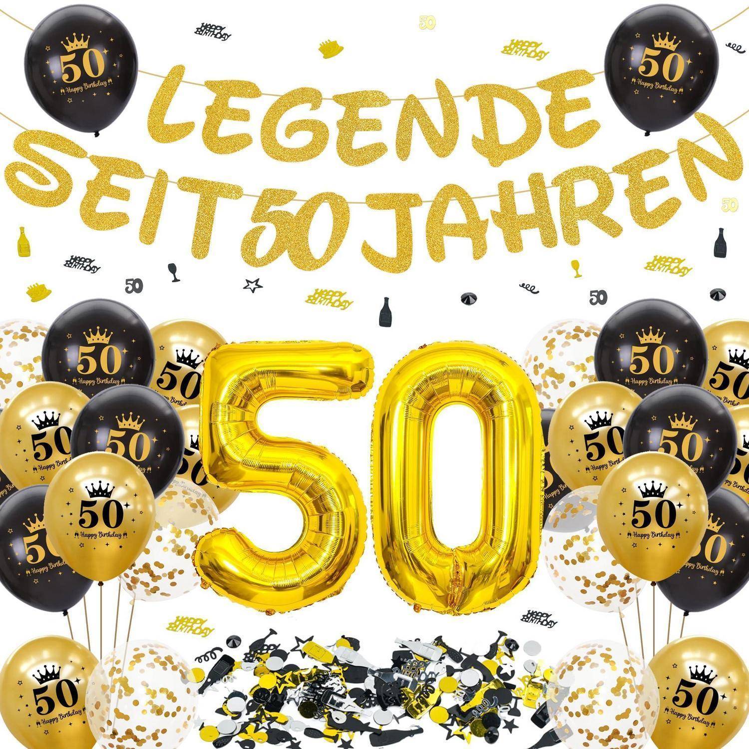 Geburtstagsdeko Set 50 Jahre Schwarz Gold Girlande Ballons Konfetti