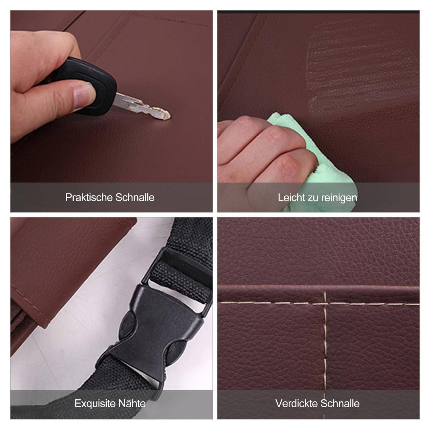 Vierpaneliges Produktbild einer braunen Ledertasche mit Schlüssel, leicht zu reinigender Oberfläche, genähtem Riemenverschluss und verstärkten Verschlussdetails, mit deutschen Bezeichnungen versehen.