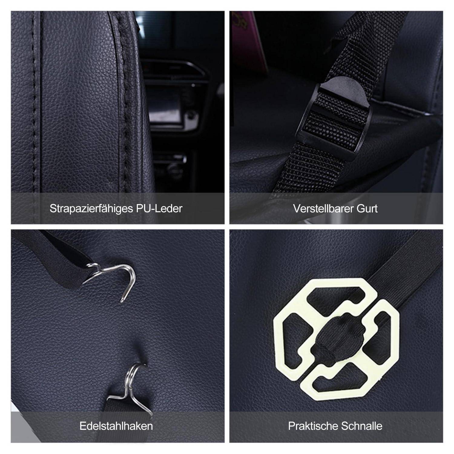 Vier Nahaufnahmen von Produktmerkmalen eines schwarzen Sitzkissenbandes: strapazierfähiges PU-Leder, verstellbares Band, Edelstahlhaken und eine praktische Schnalle.