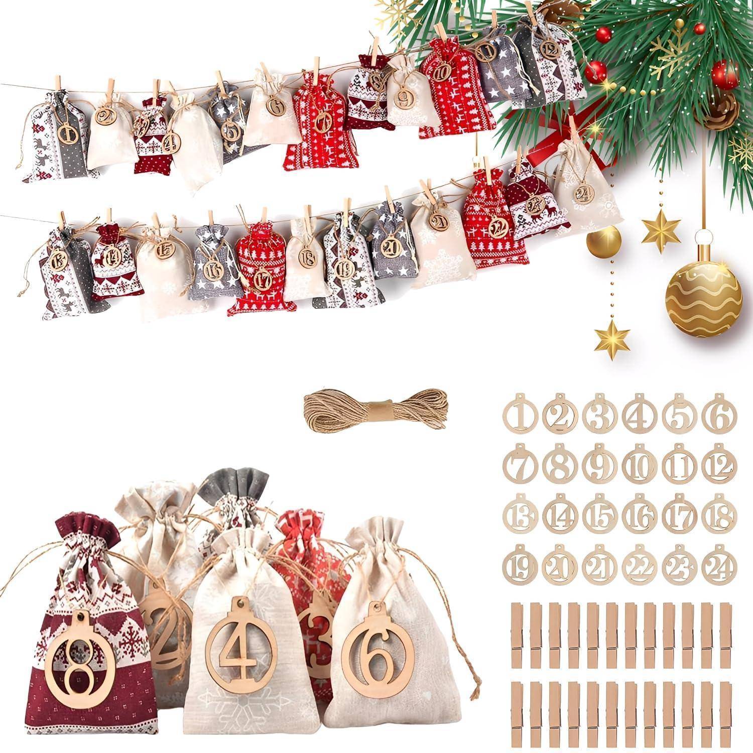 24er Adventskalender Tüten Set mit Holzanhängern und Clips